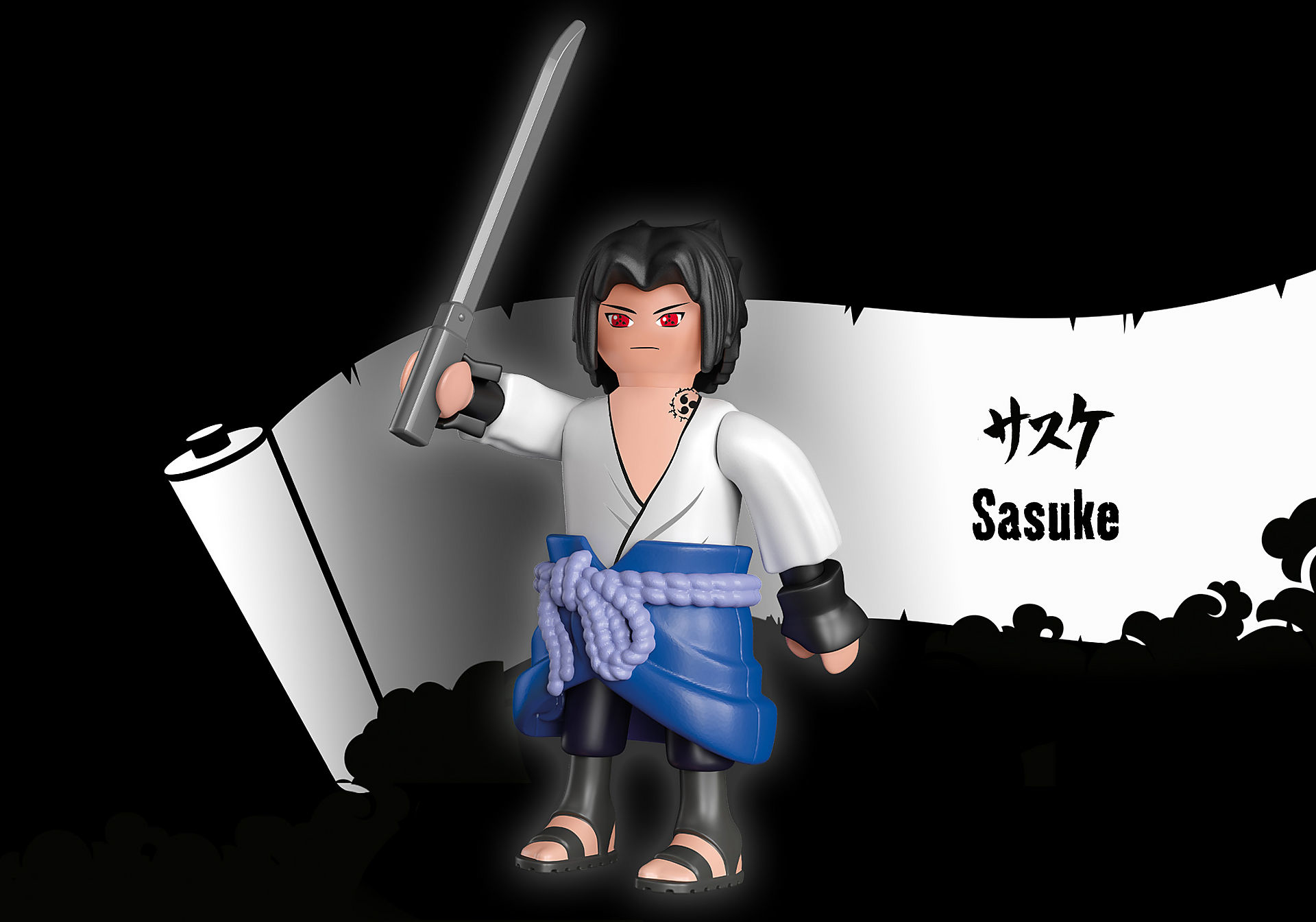 Sasuke-Figur mit Schwert. Schwarze Haare, rote Augen, weißes Hemd, schwarze Hose. Japanischer Text und Schriftrolle.