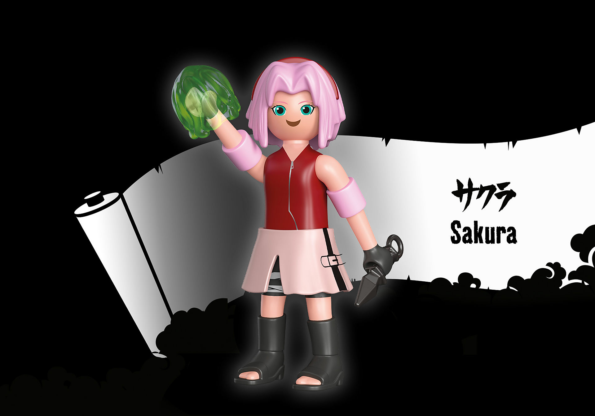 Sakura von Naruto Figur, mit rosa Haaren, rotem Outfit und hält einen grünen Energieball.