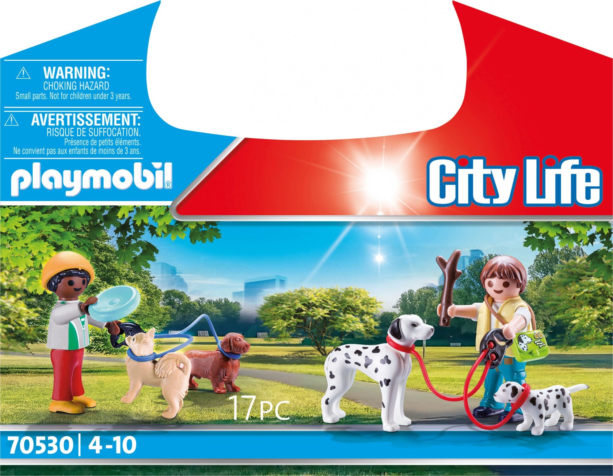 Zestaw Playmobil: figurki z psami w parku, z etykietami ostrzegawczymi.