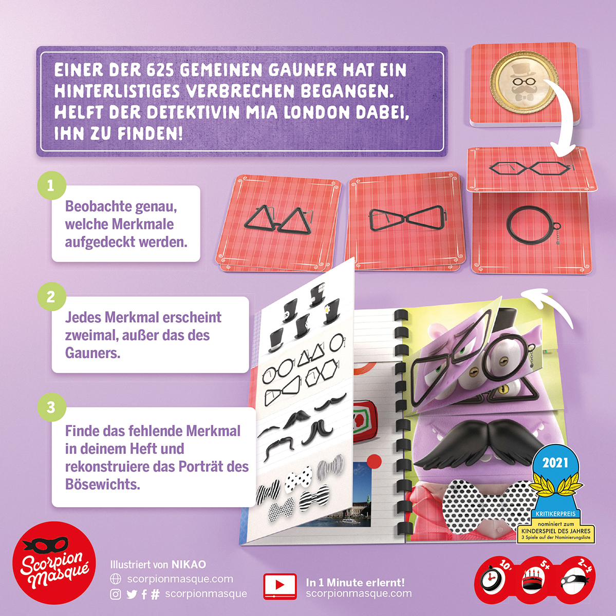 Spielbrett mit Hinweisen und Illustrationen auf Deutsch. Ein Spiel für Kinder.