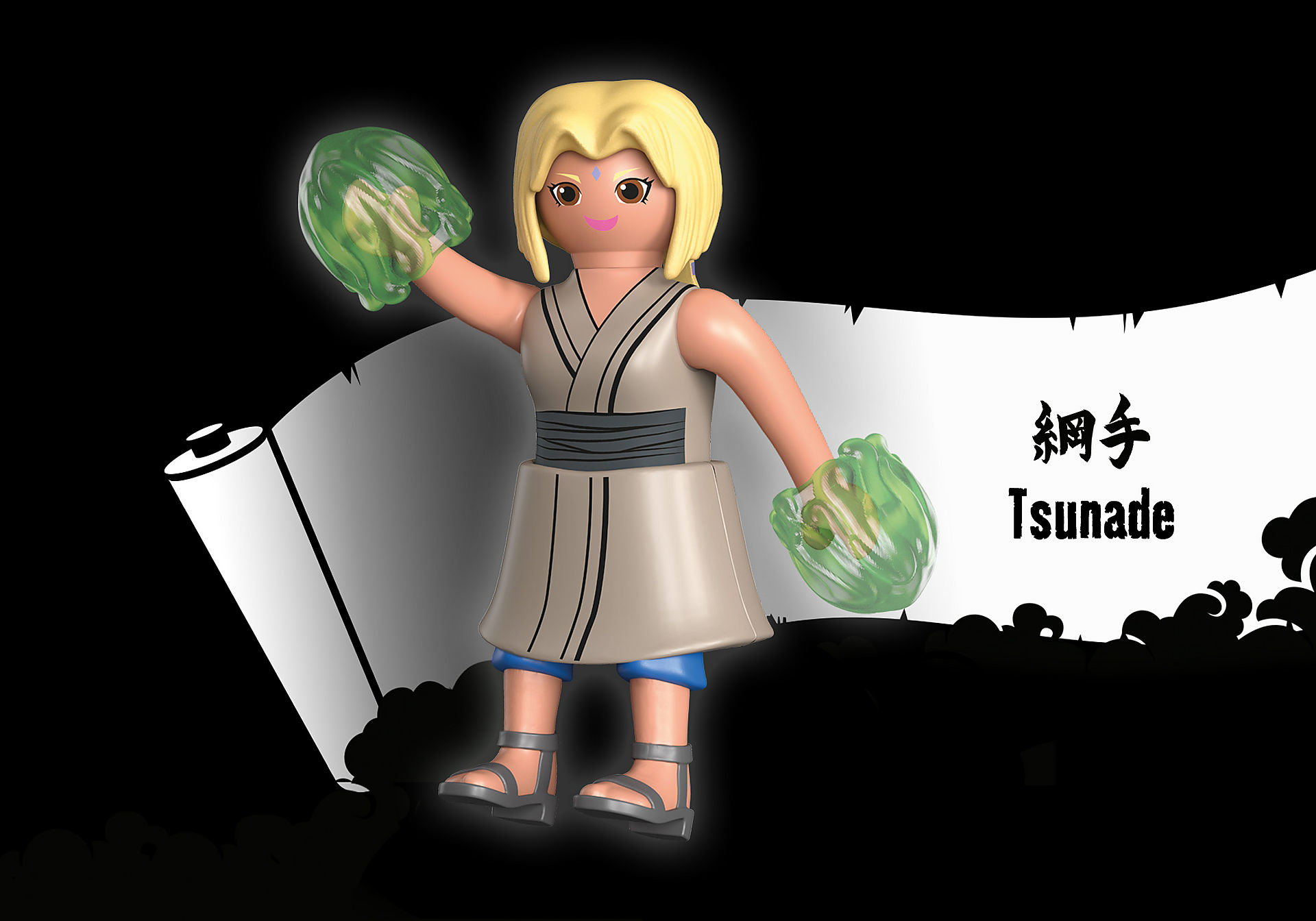 Personaggio Playmobil Tsunade con capelli biondi, sfere di energia verdi e sfondo a pergamena.