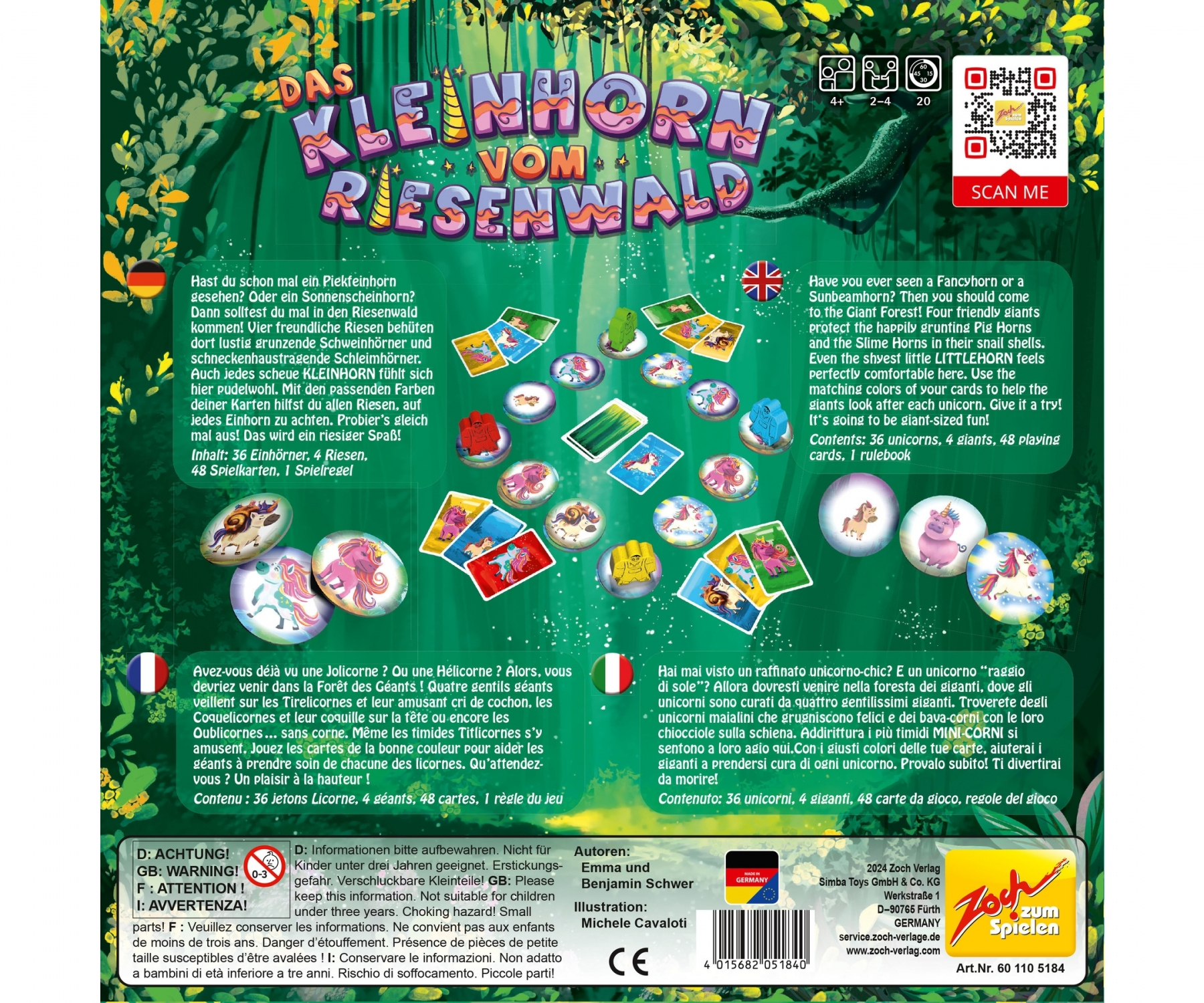 Rückseite der Kartenspielbox Die kleinen Einhörner aus dem Riesenwald. Text in mehreren Sprachen.