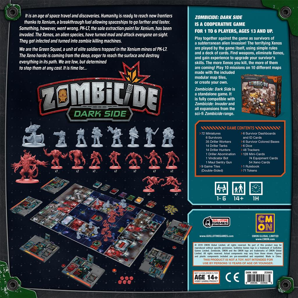 Zombicide Dark Side Spielkomponenten: Miniaturen, Spielpläne, Karten und Spielbrett.