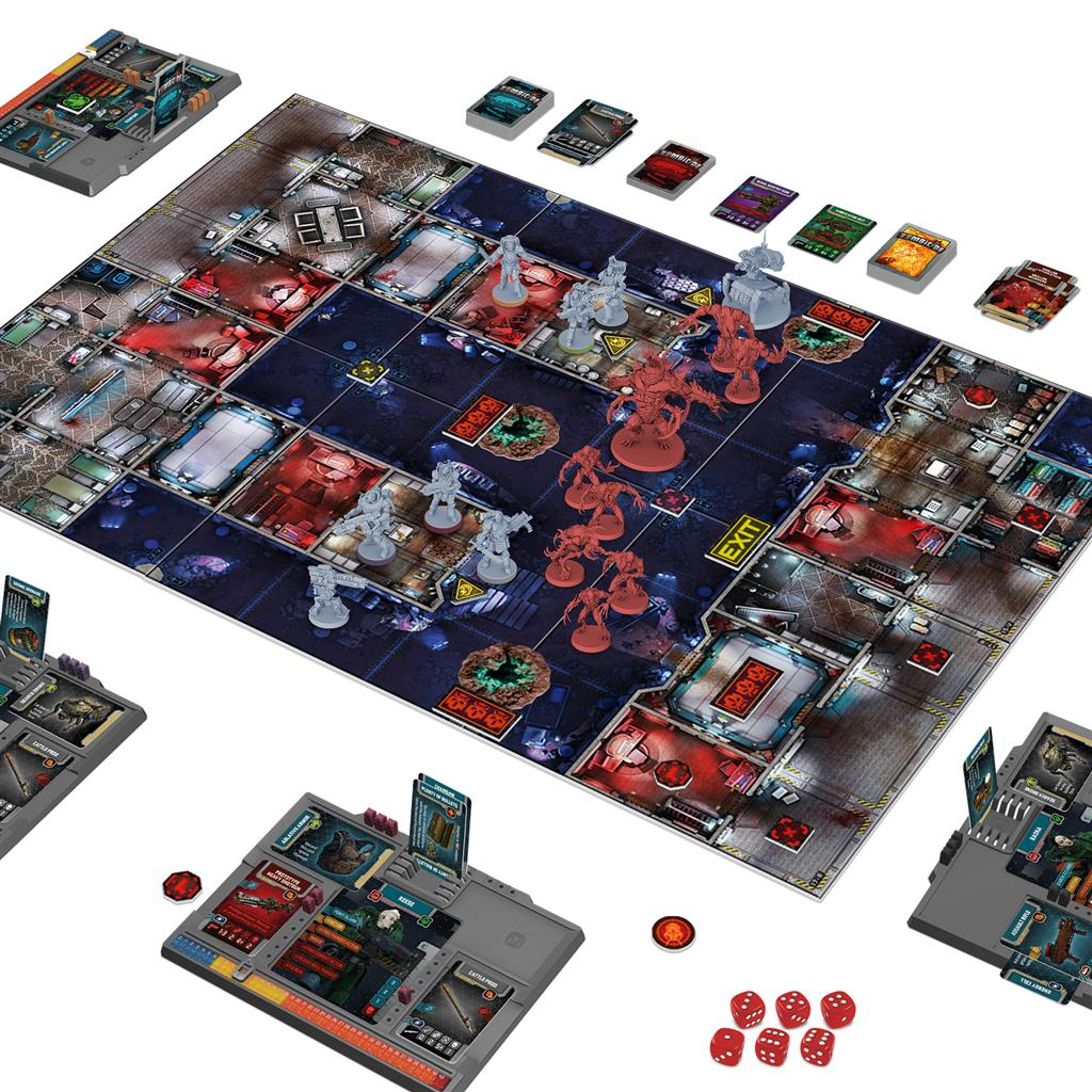 Zombicide Dark Side Spielbrett mit Miniaturen und Spielkomponenten angeordnet.