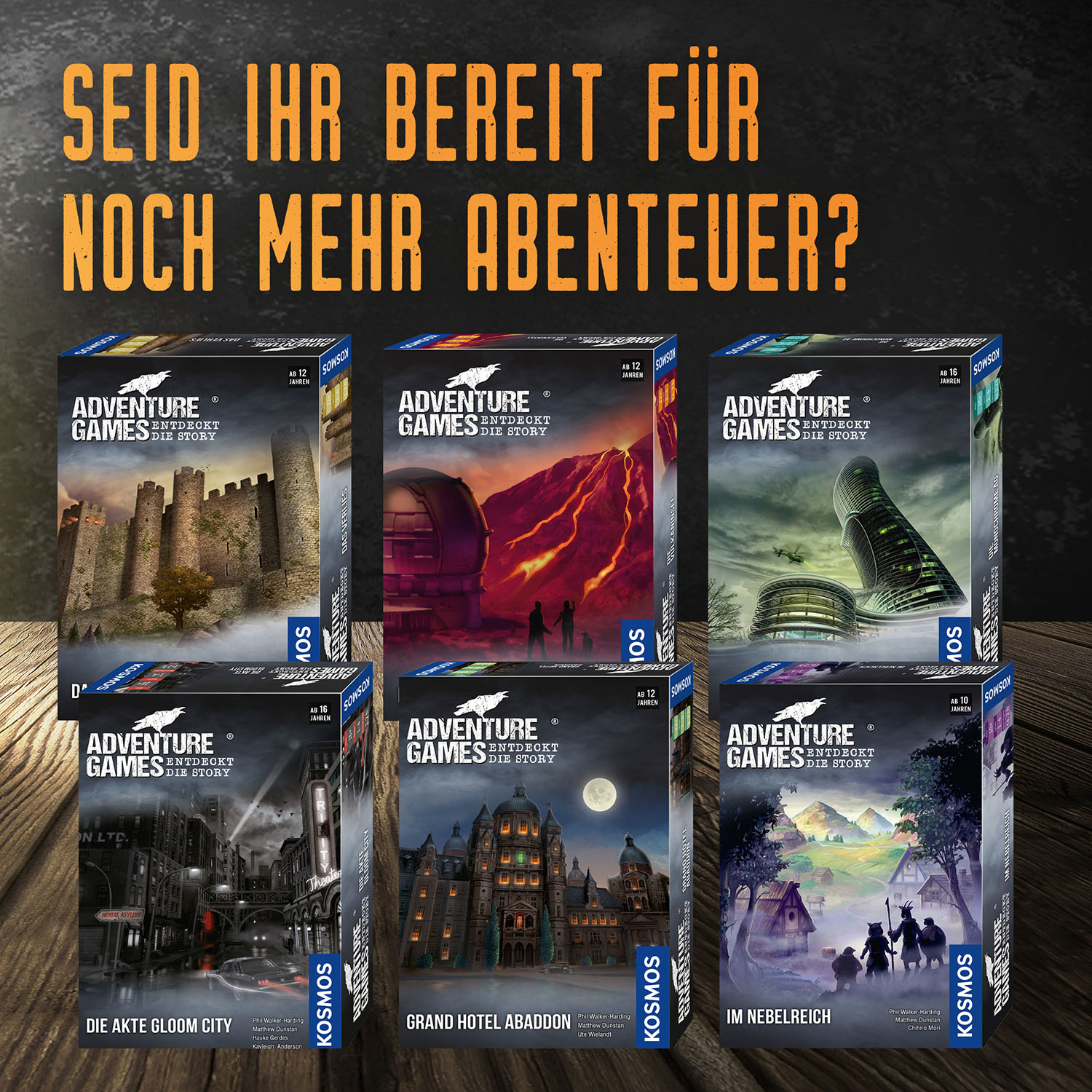 Sechs Spielboxen mit Text auf Deutsch.
