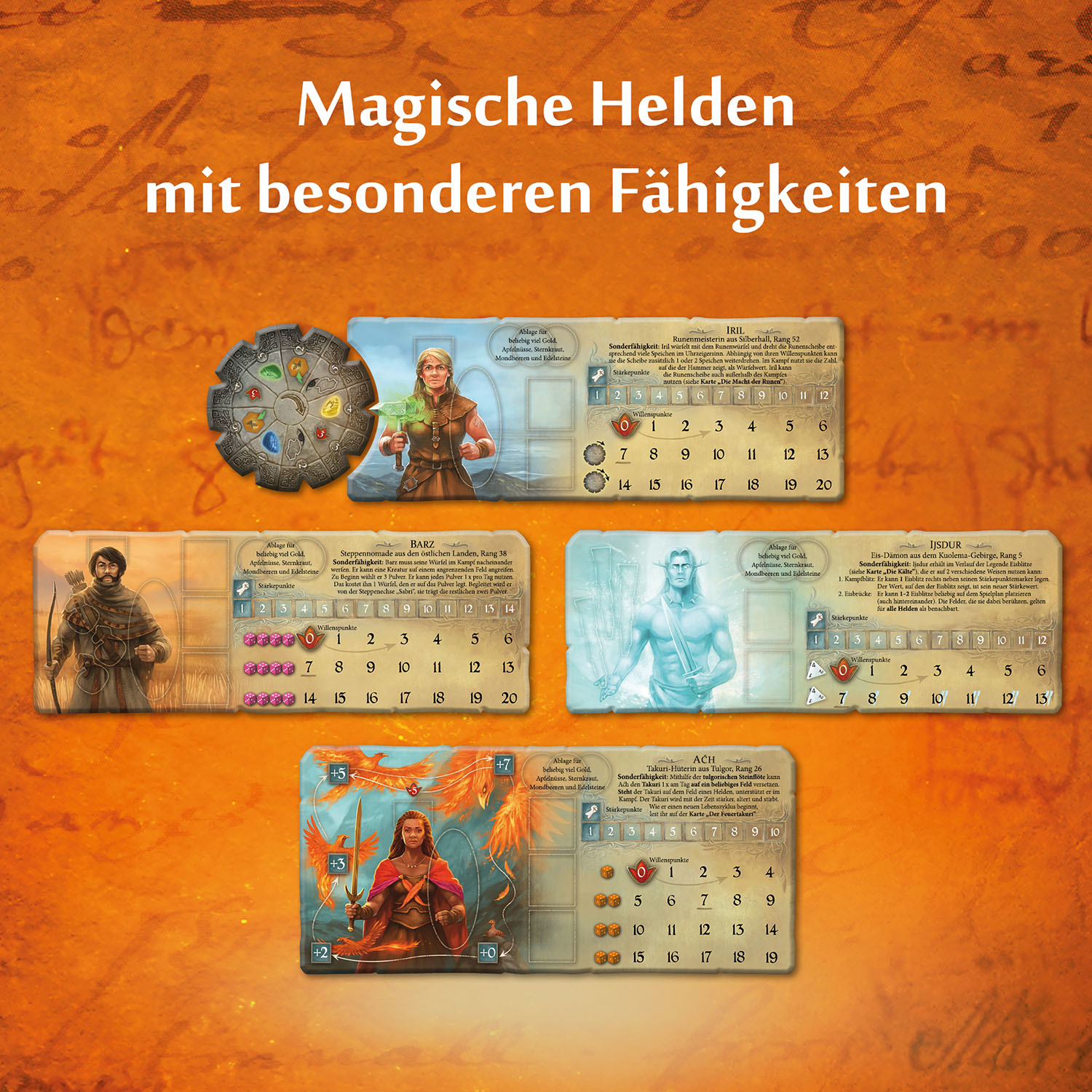 Brettspielkarten mit bunten Illustrationen und Text. Die Karten zeigen Spielfiguren und Spielelemente.