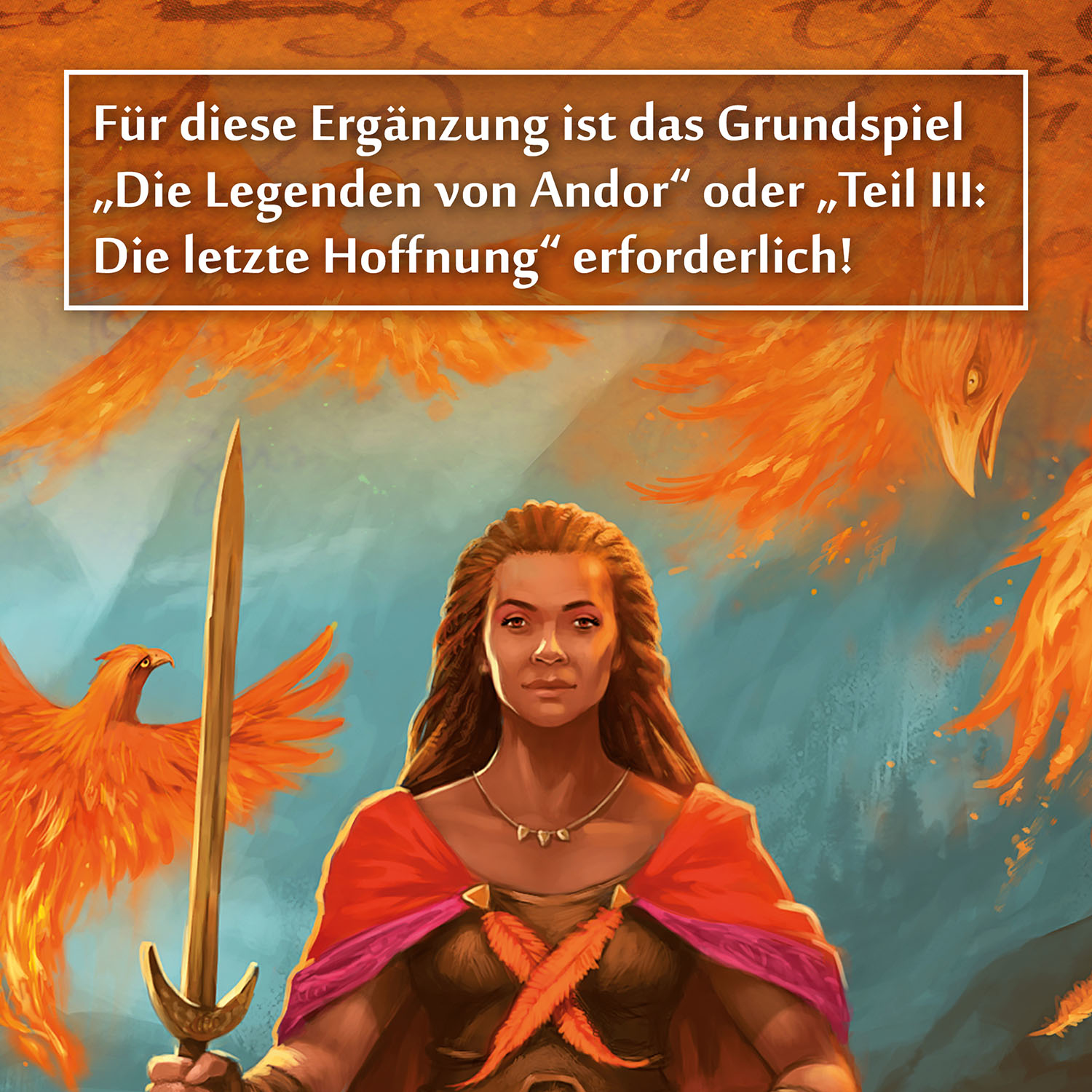 Fantasy-Kunstwerk mit einer Frau, die ein Schwert hält, Phönixen und Text auf Deutsch.