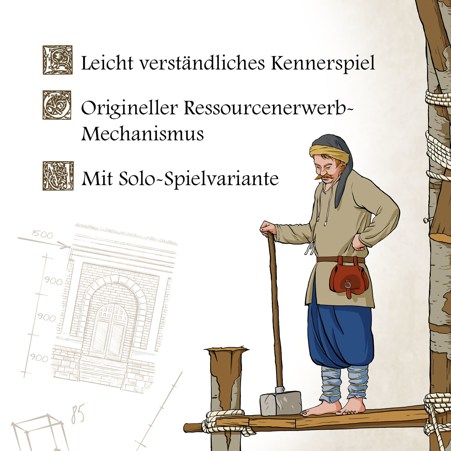 Mann mit Werkzeug steht auf Holz. Text auf Deutsch: Spiel, Ressourcen, Solo-Spielvariante.
