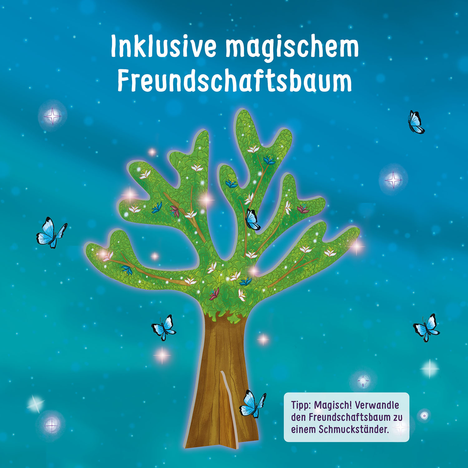 Magiczne drzewo z motylami. Niebieskie tło z iskierkami. Tekst: 'Inklusive magischem Freundschaftsbaum'.