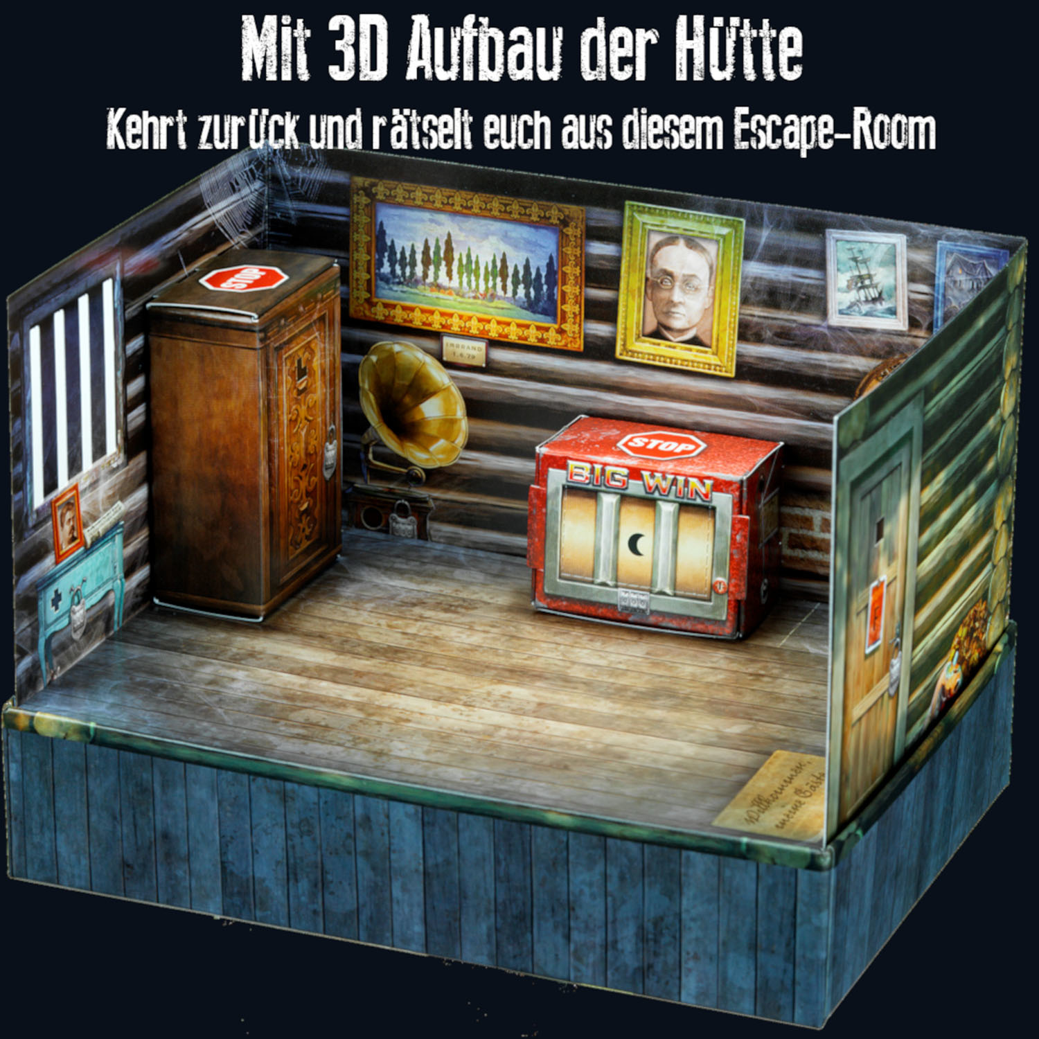Ein detailliertes Diorama eines Kabineninneren mit Spielautomat, Safe und Porträts.