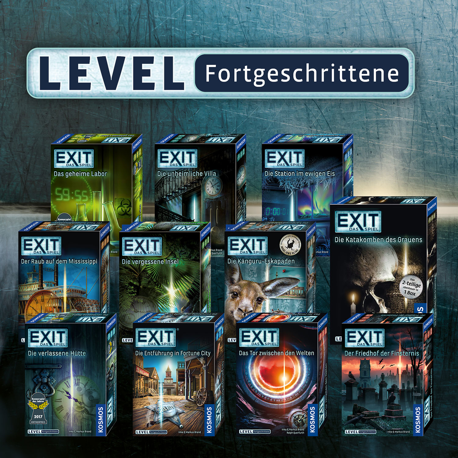 EXIT-Brettspielboxen. Verschiedene Titel, darunter 'Die verlassene Hütte'. Level: Fortgeschrittene. Dunkler Hintergrund.