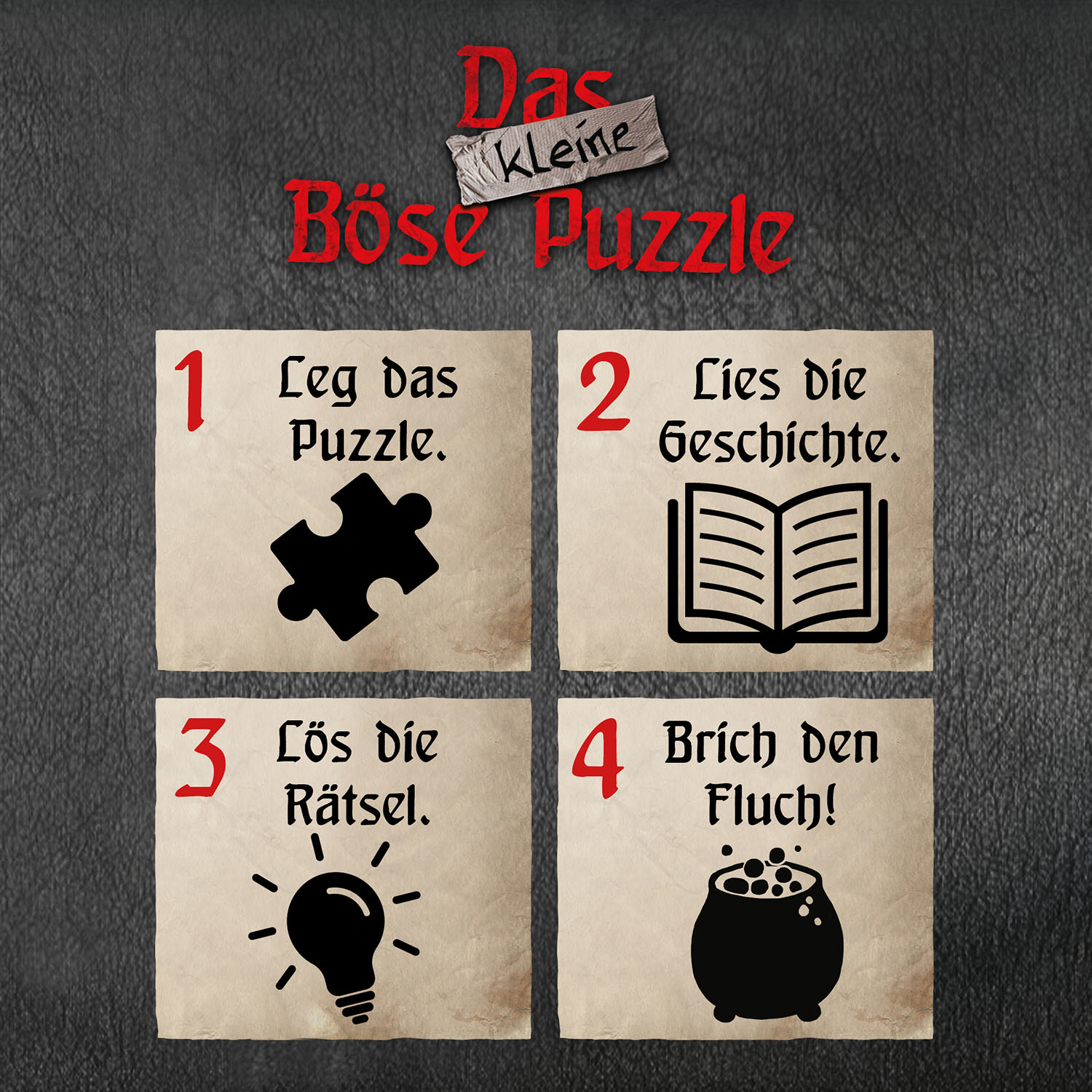 Vier Karten mit Anweisungen auf Deutsch, darunter ein Puzzleteil und ein Kessel.