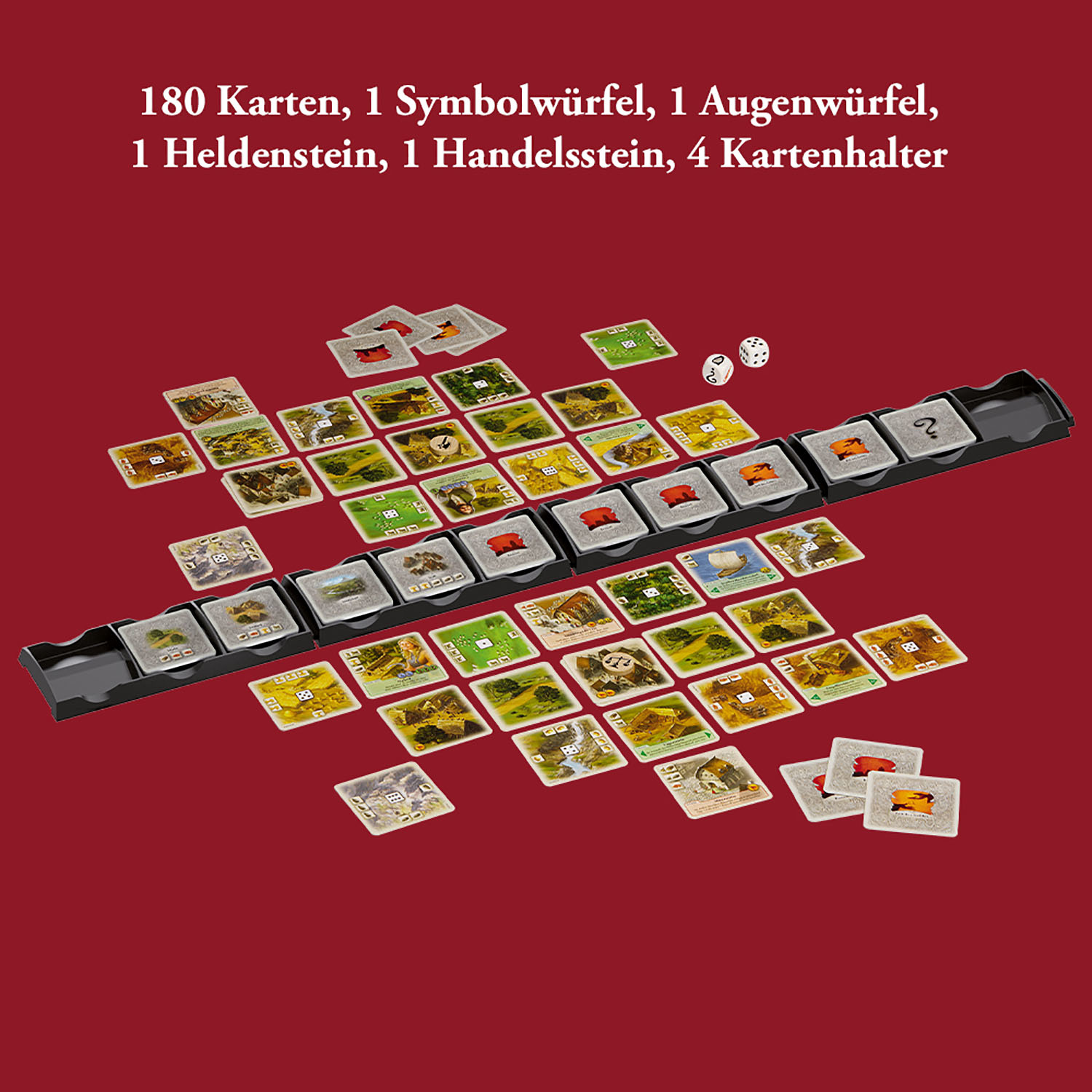 Composants du jeu : cartes, dés et jetons.  Disposés sur une surface rouge dans un plateau noir.