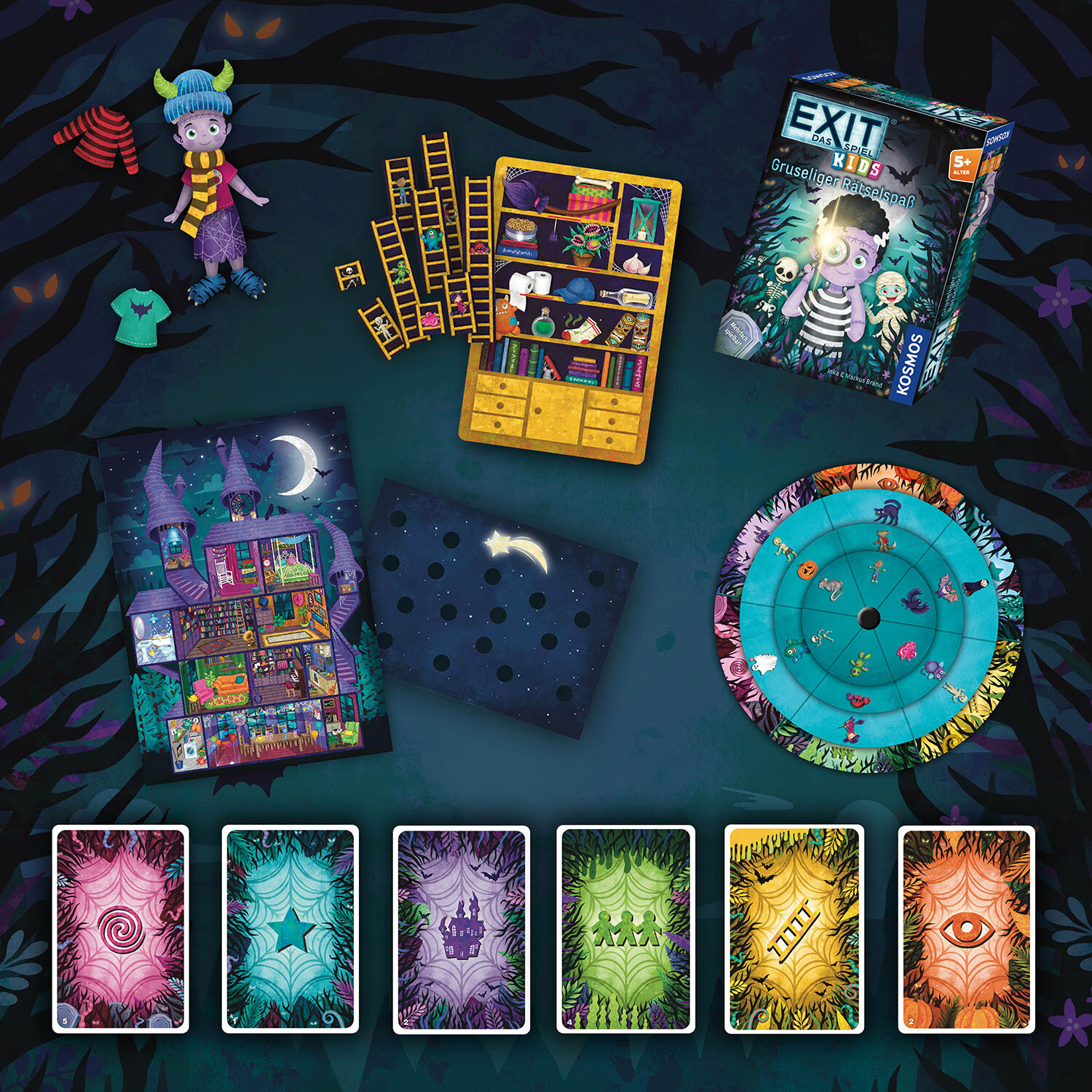 Gioco da tavolo con carte, una scatola e pezzi del gioco. Sfondo scuro.