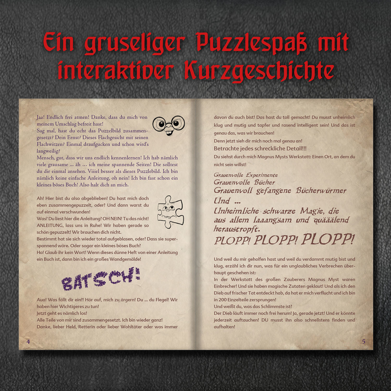 Seite aus einem Buch mit Text und einem Rätsel, mit Bildern von Puzzleteilen und Anweisungen.