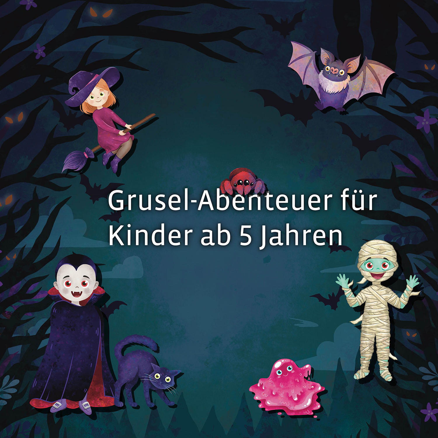 Illustrazione di una scena di Halloween con figure come una strega e un vampiro. Testo tedesco visibile.