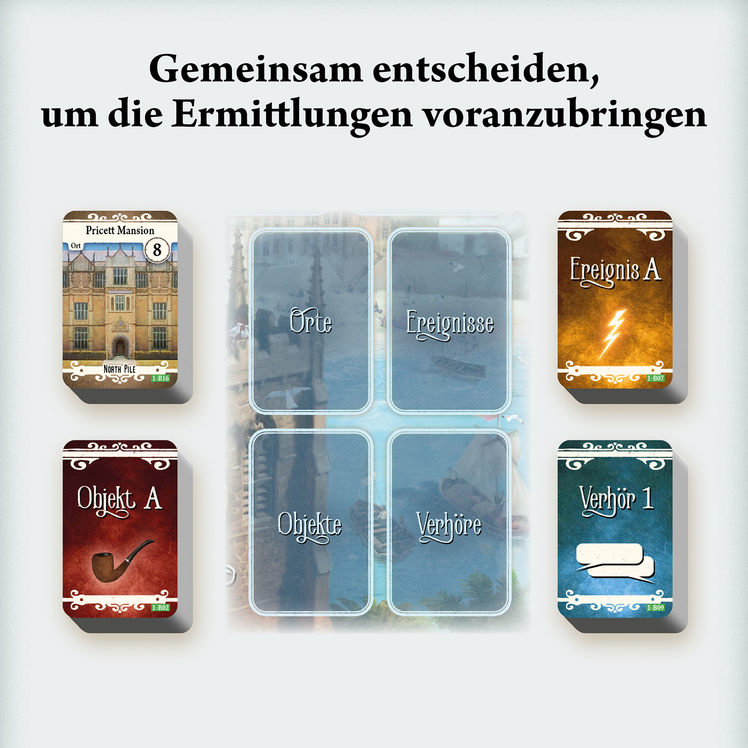 Ein Spielbrett mit Karten und Text auf Deutsch, das sich auf Ermittlungen konzentriert.