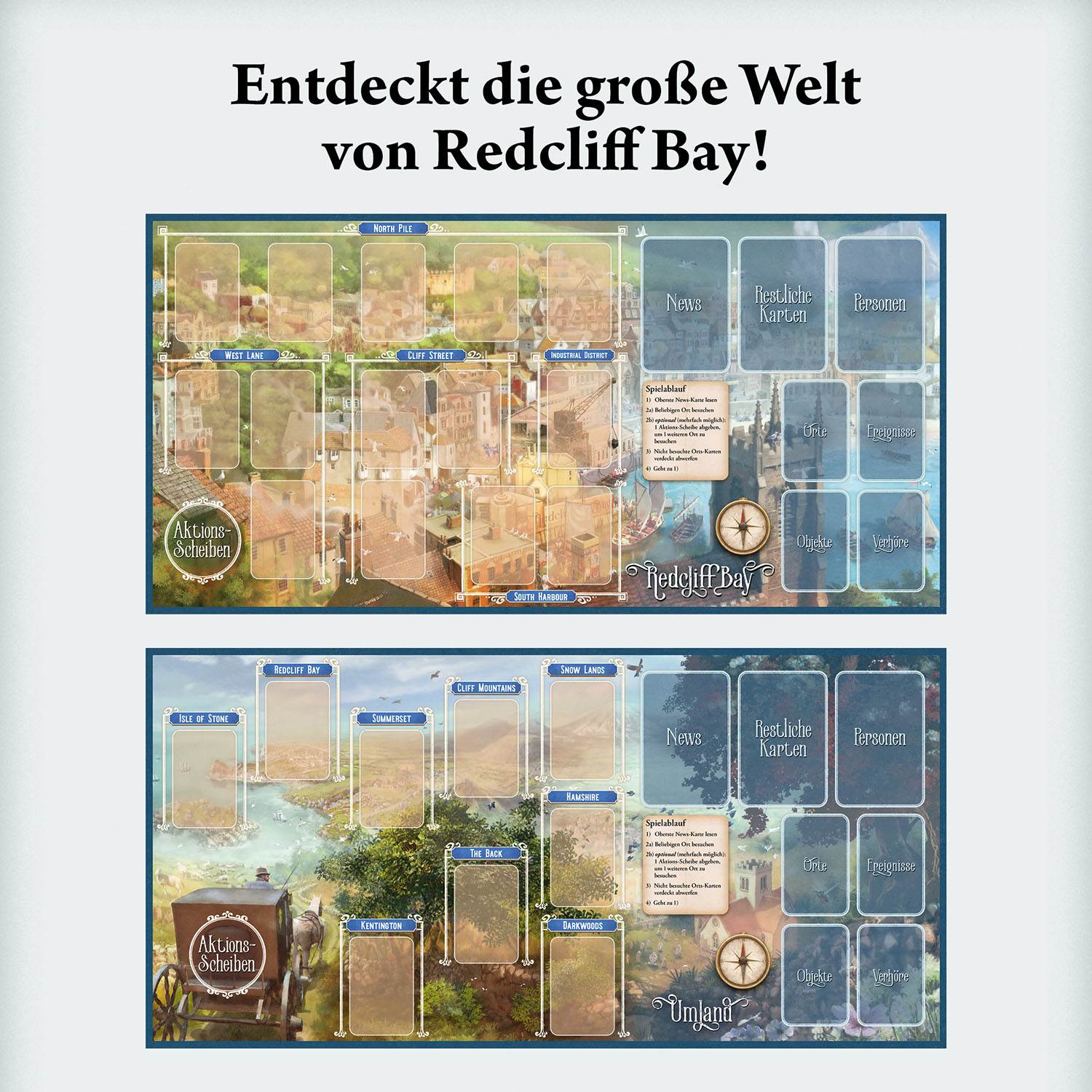 Brettspiel mit Stadtplan und Karten, Text auf Deutsch.