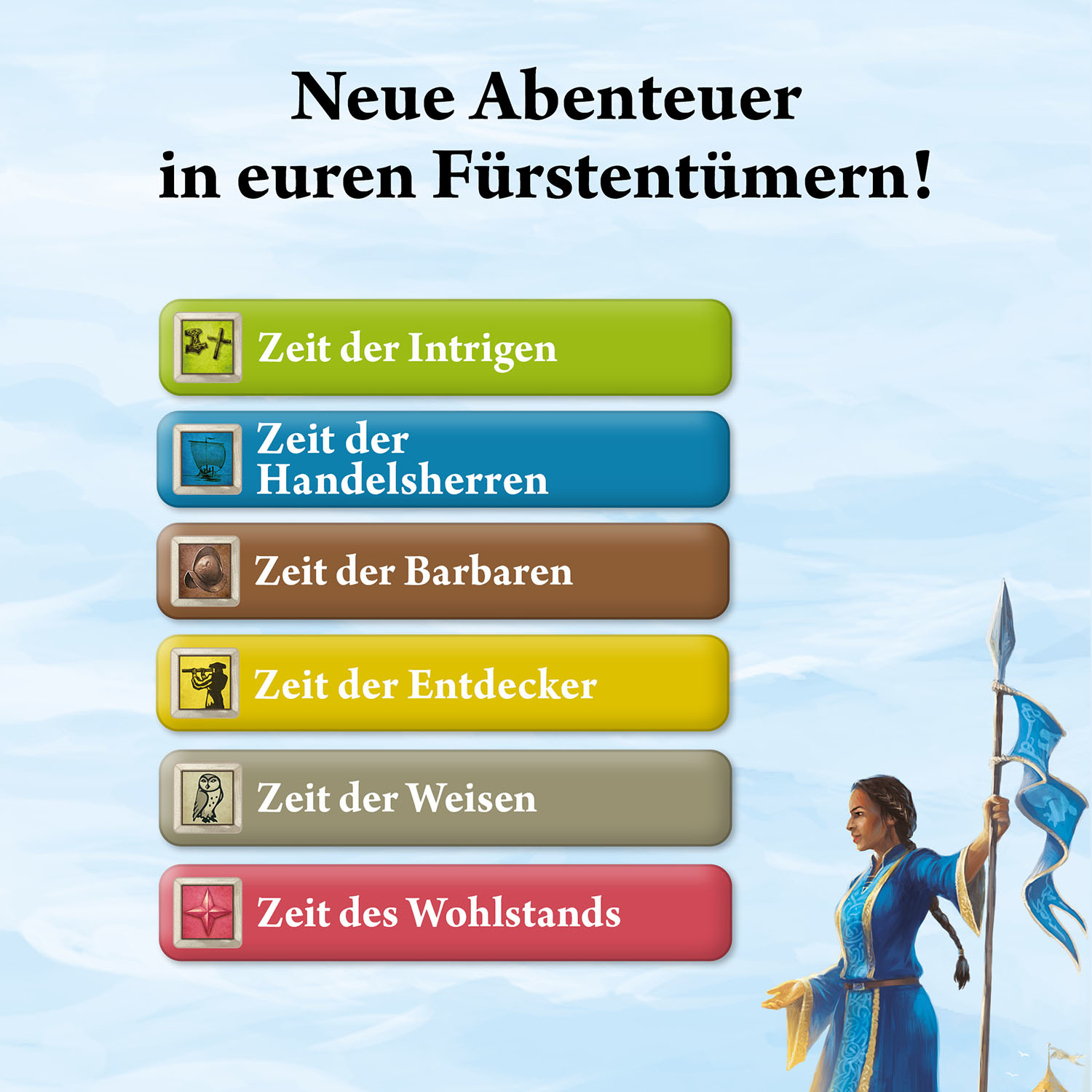 Ein Spielbrett mit bunten Knöpfen und Text auf Deutsch, mit einer Frau, die eine Fahne hält.