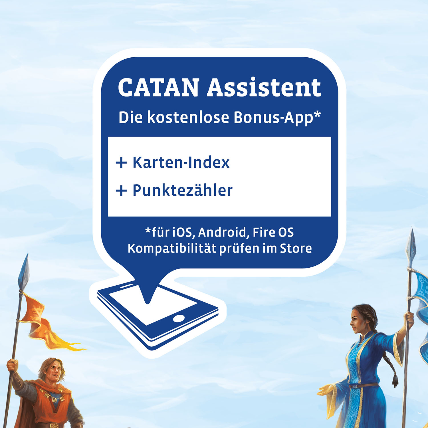 Ein Werbebild, das ein Telefon mit einer App, Text auf Deutsch und Spielfiguren zeigt.