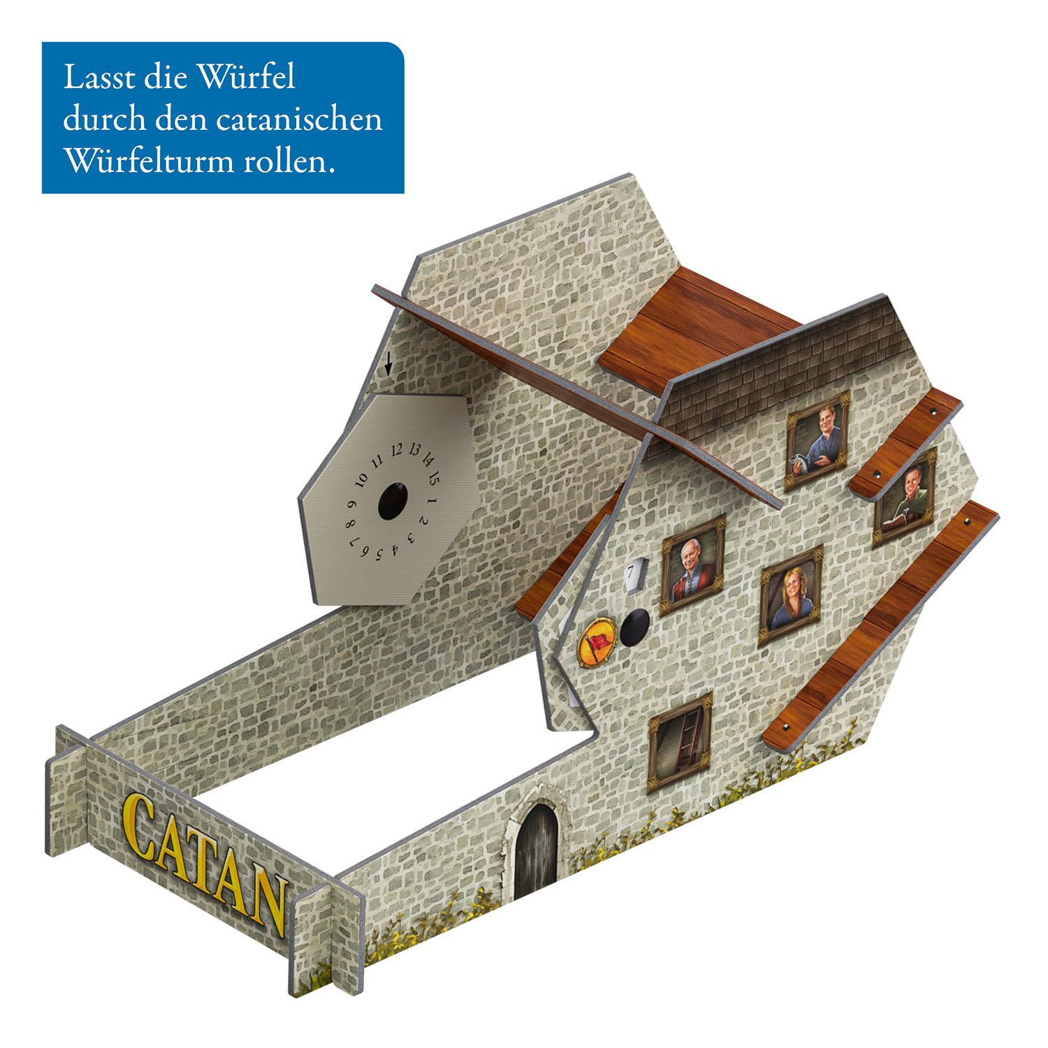 Element gry wieży do rzucania kośćmi Catan ze tarczą zegarową, oknami i słowem 'CATAN'.