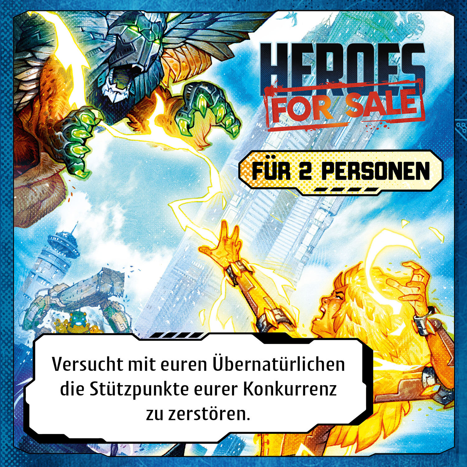 Heroes For Sale Brettspielbox. Das Bild zeigt Superhelden-Charaktere und Text. Blauer und weißer Hintergrund.