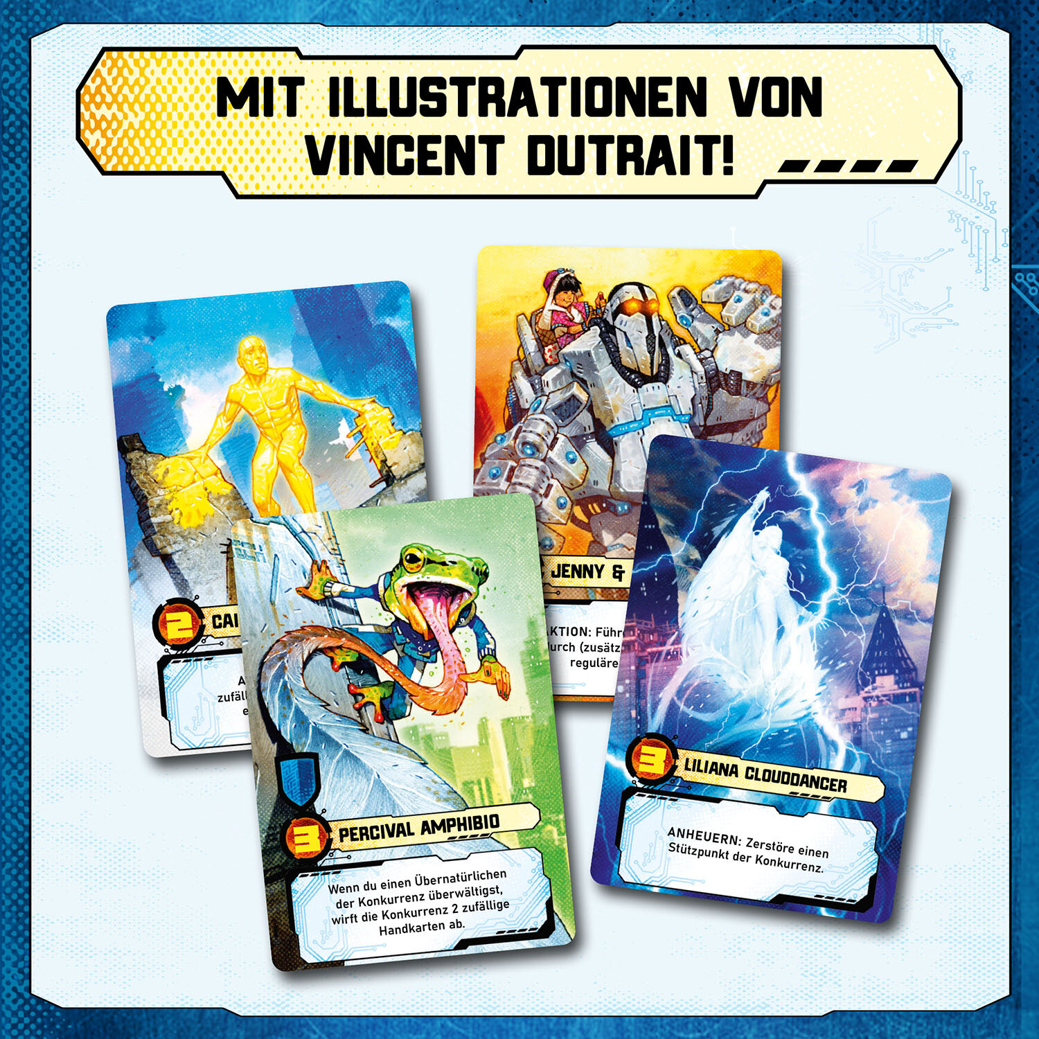 Vier Spielkarten mit Illustrationen, Text auf Deutsch und blauem Hintergrund.
