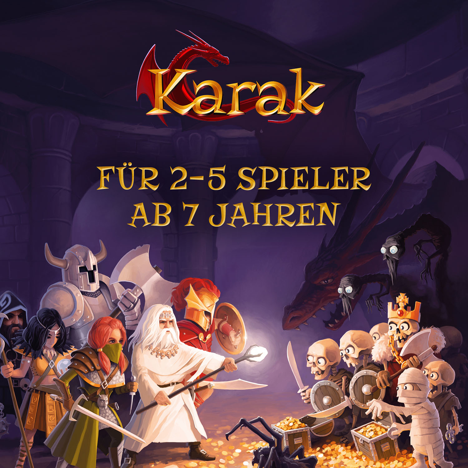 Spielcover: Fantasy-Charaktere in einem Dungeon, roter Drache, Text auf Deutsch.