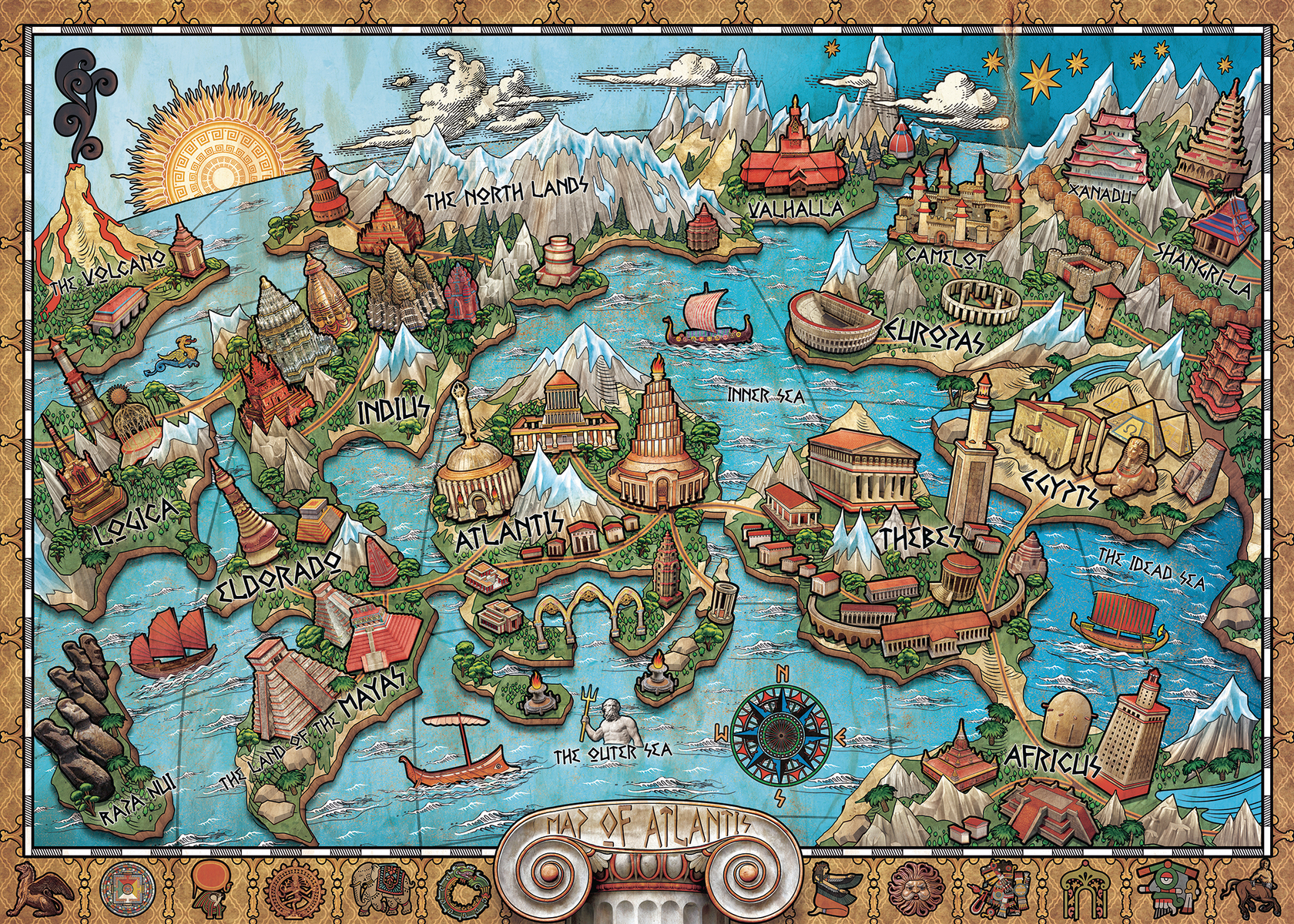 Mapa ilustrado de la Atlántida, que muestra varias ubicaciones etiquetadas en diferentes estilos, rodeado por un borde decorativo.