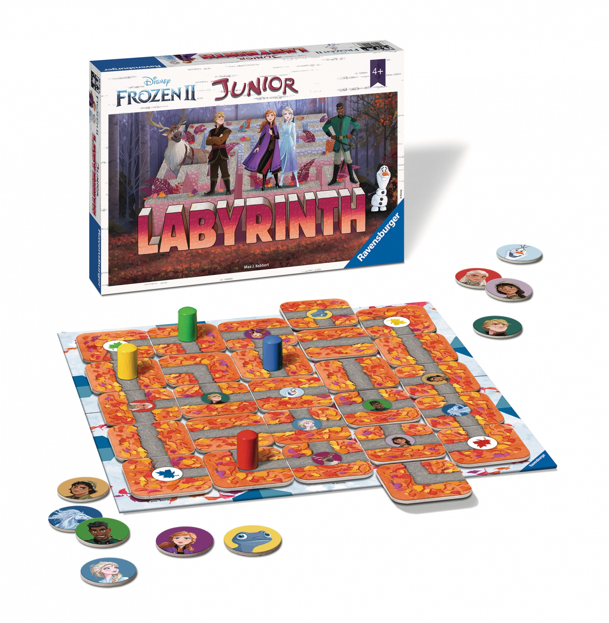 Frozen 2 Labyrinth Brettspielbox und Inhalt. Spielbrett und Teile mit Frozen-Charakteren.