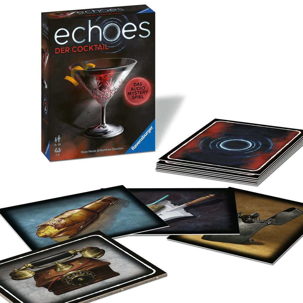 Scatola con carte da gioco. La scatola dice 'Echoes Der Cocktail'. Le carte mostrano immagini di oggetti.