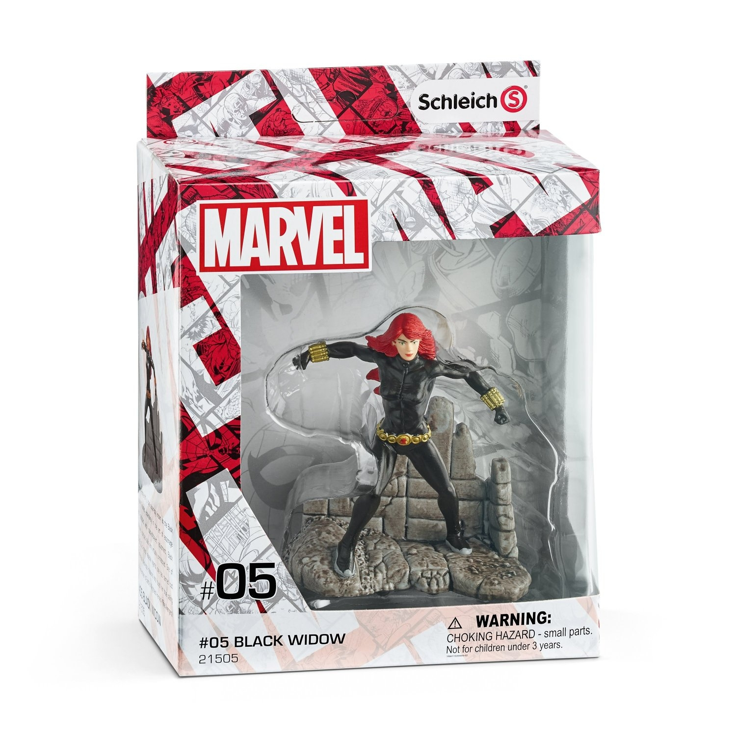 Marvel Black Widow Actionfigur in einer Box. Figur steht auf Steinbasis.