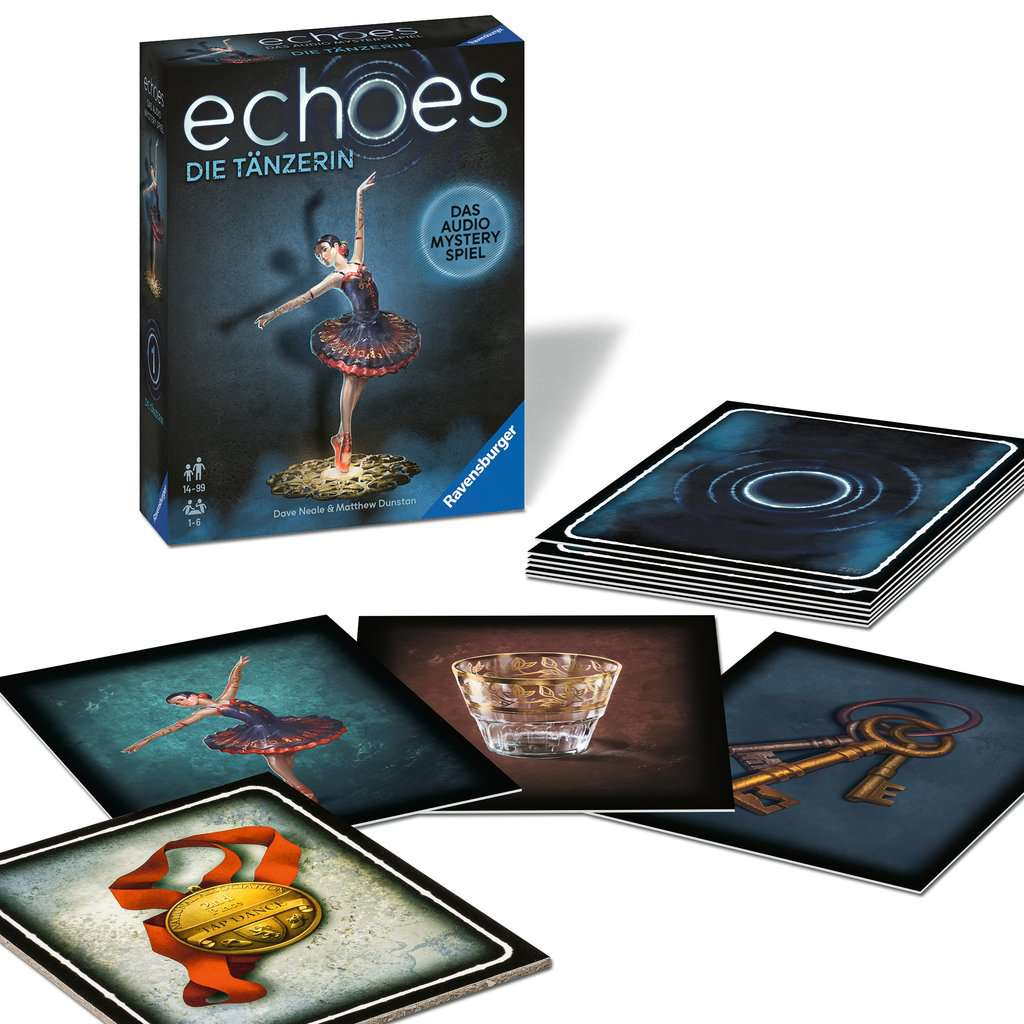 Scatola del gioco da tavolo: Echoes Die Tänzerin, con carte e accessori di gioco.