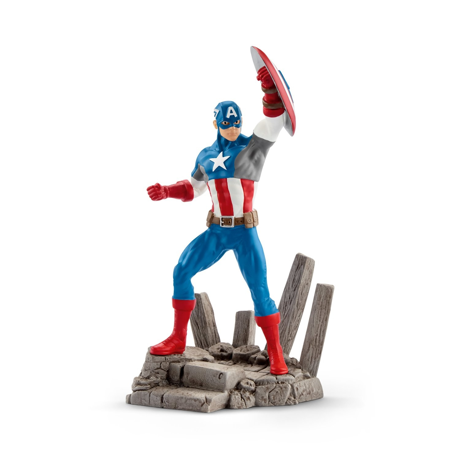 Captain America Figur in heroischer Pose, hält seinen Schild. Auf grauem Sockel.