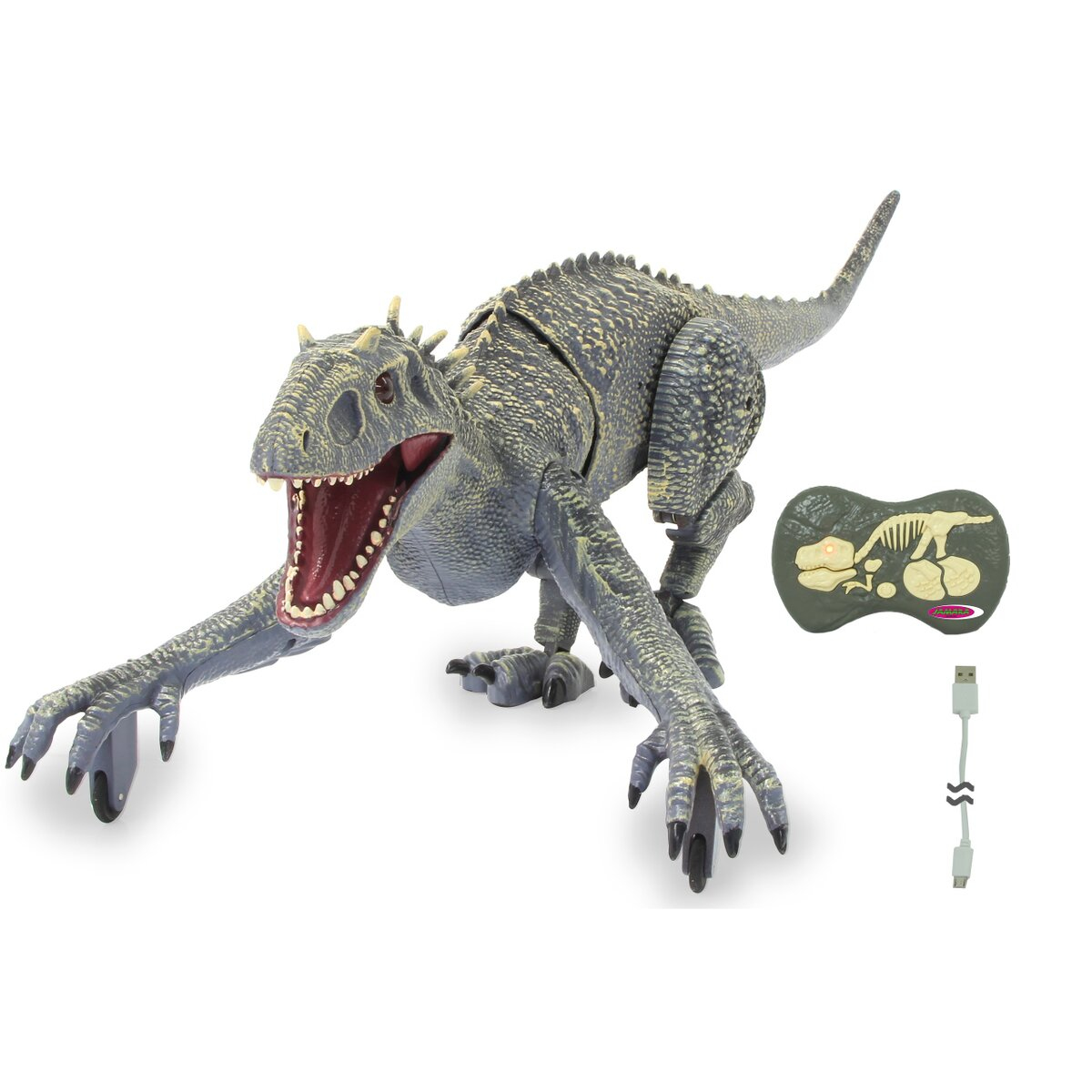Ein graues Dinosaurier-Spielzeug mit offenem Maul. Es hat eine Fernbedienung und ein USB-Kabel.