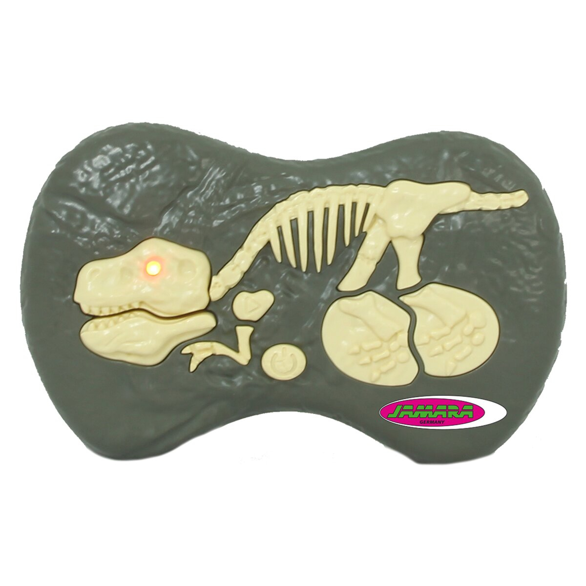 Eine Dinosaurier-Fernbedienung mit Skelett-Design und Licht im Auge.