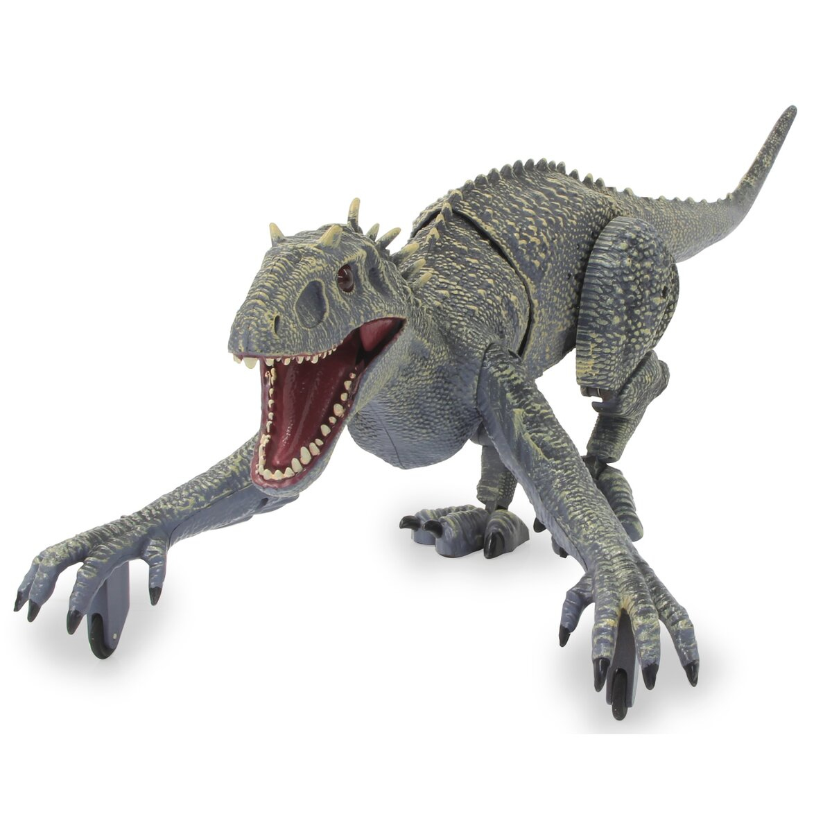 Graues Dinosaurier-Spielzeug mit offenem Maul, in dynamischer Pose, auf Weiß.