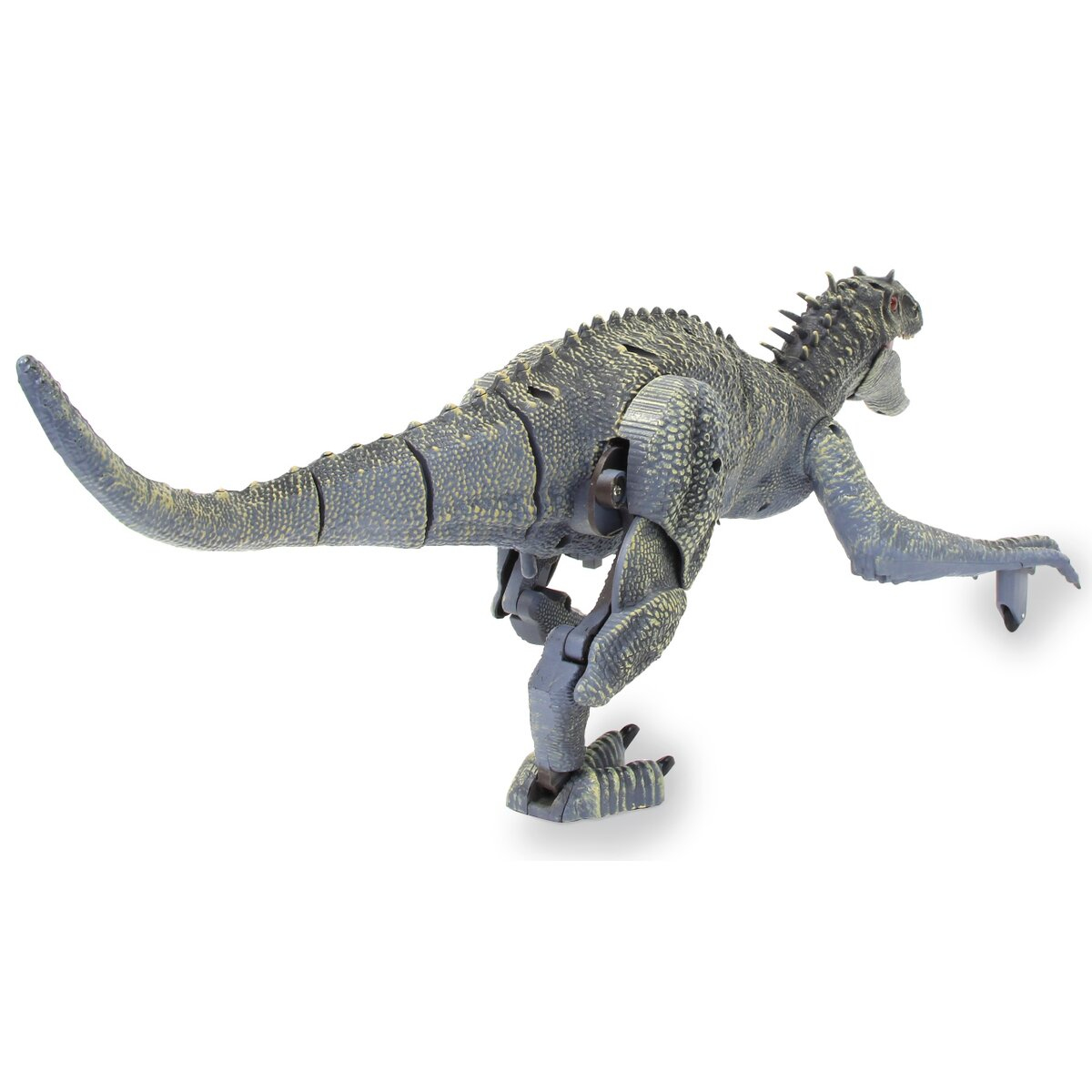Ein graues Dinosaurier-Spielzeug mit offenem Maul. Es hat einen segmentierten Körper und ist vor weißem Hintergrund.
