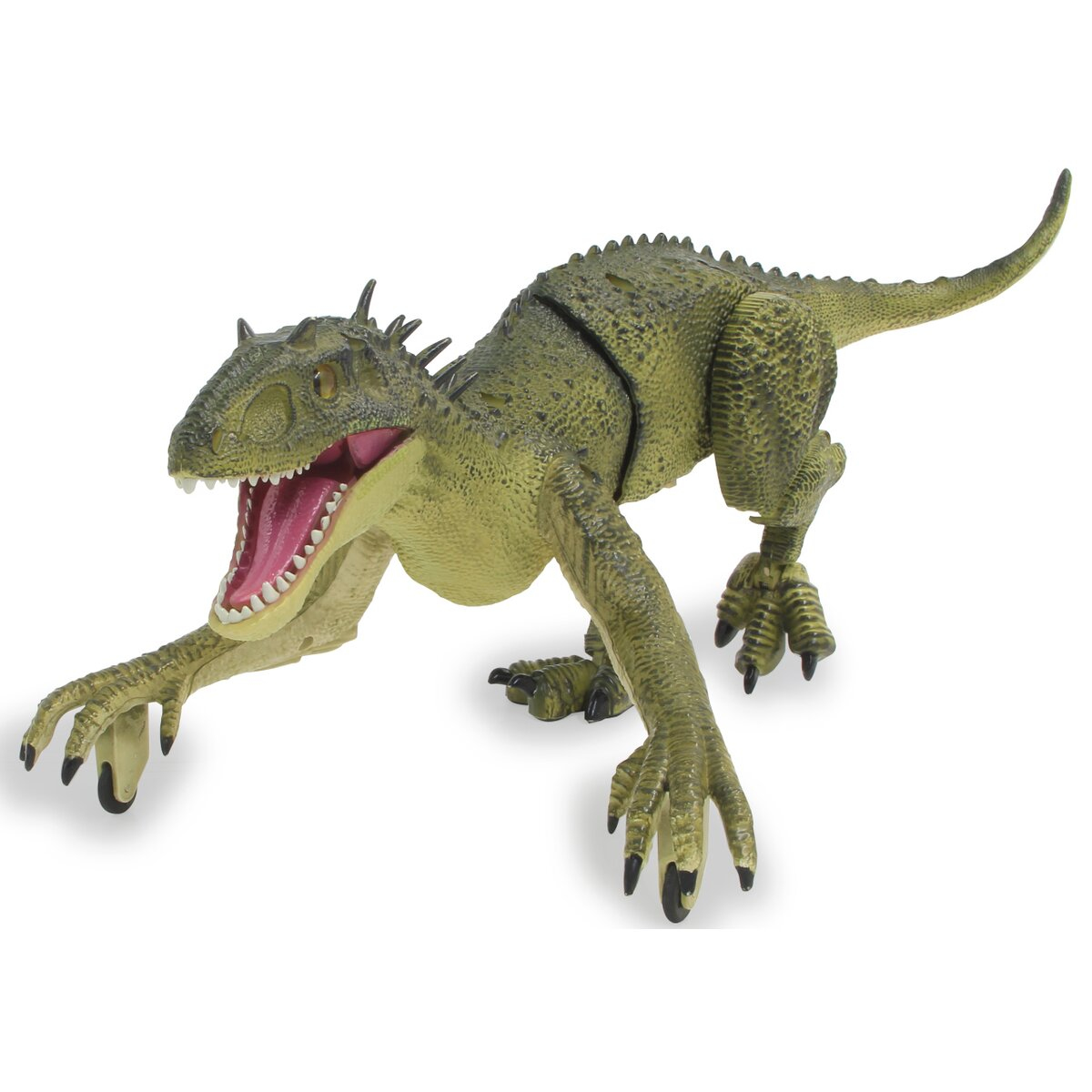 Ein grüner Dinosaurier mit offenem Mund, der Zähne zeigt. Er befindet sich auf weißem Hintergrund.