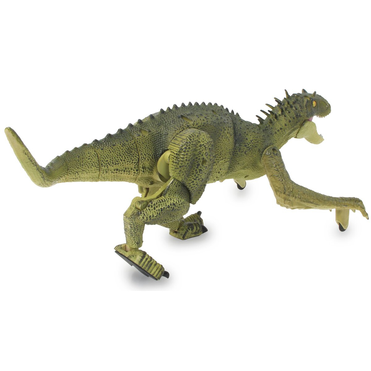 Grünes Dinosaurier-Spielzeug mit offenem Maul und scharfen Zähnen, auf weißem Hintergrund.