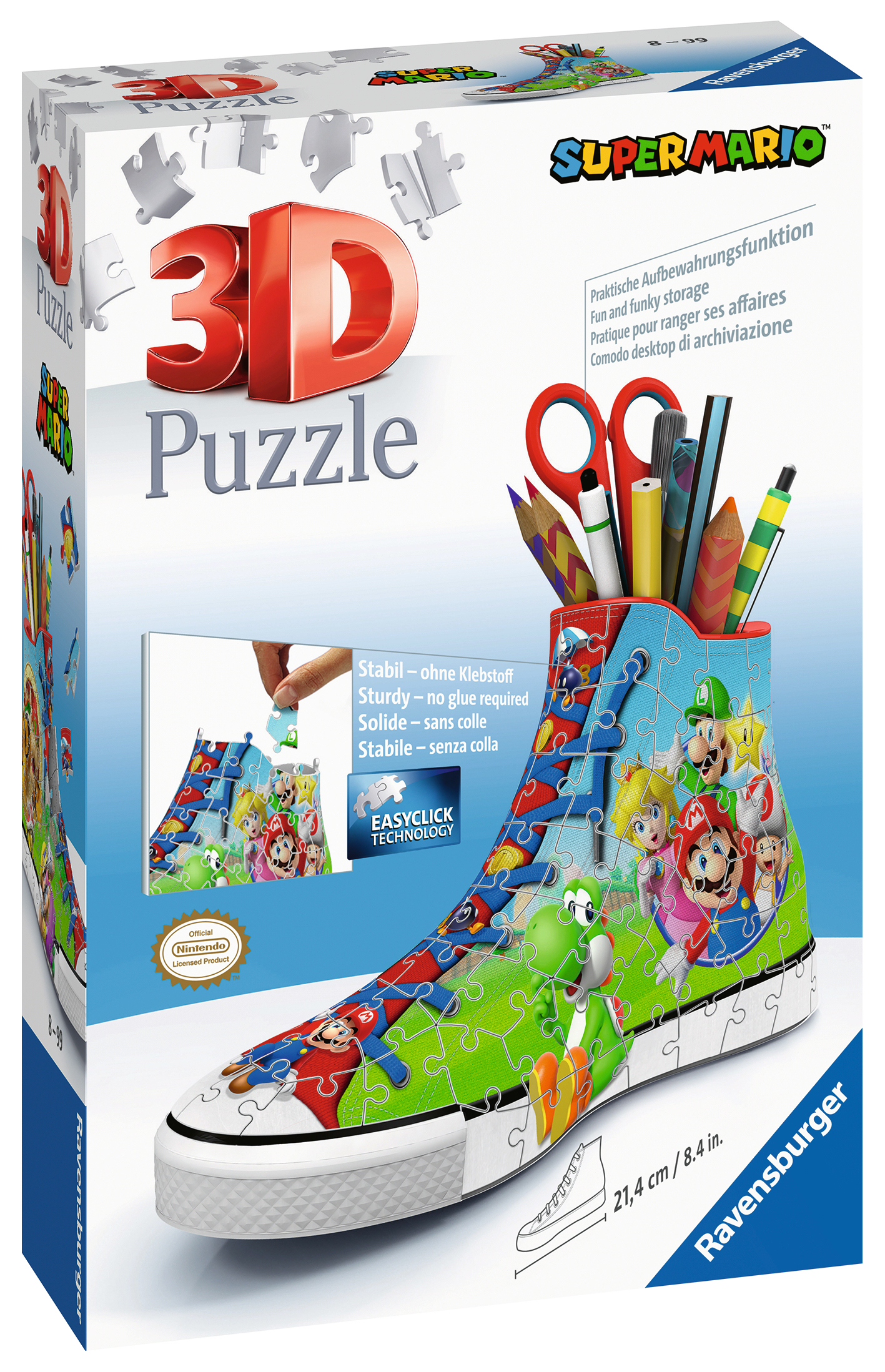 Puzzle 3D Super Mario w pudełku w kształcie buta, z elementami układanki i uchwytem na długopisy. Kolorowy, zabawny design.