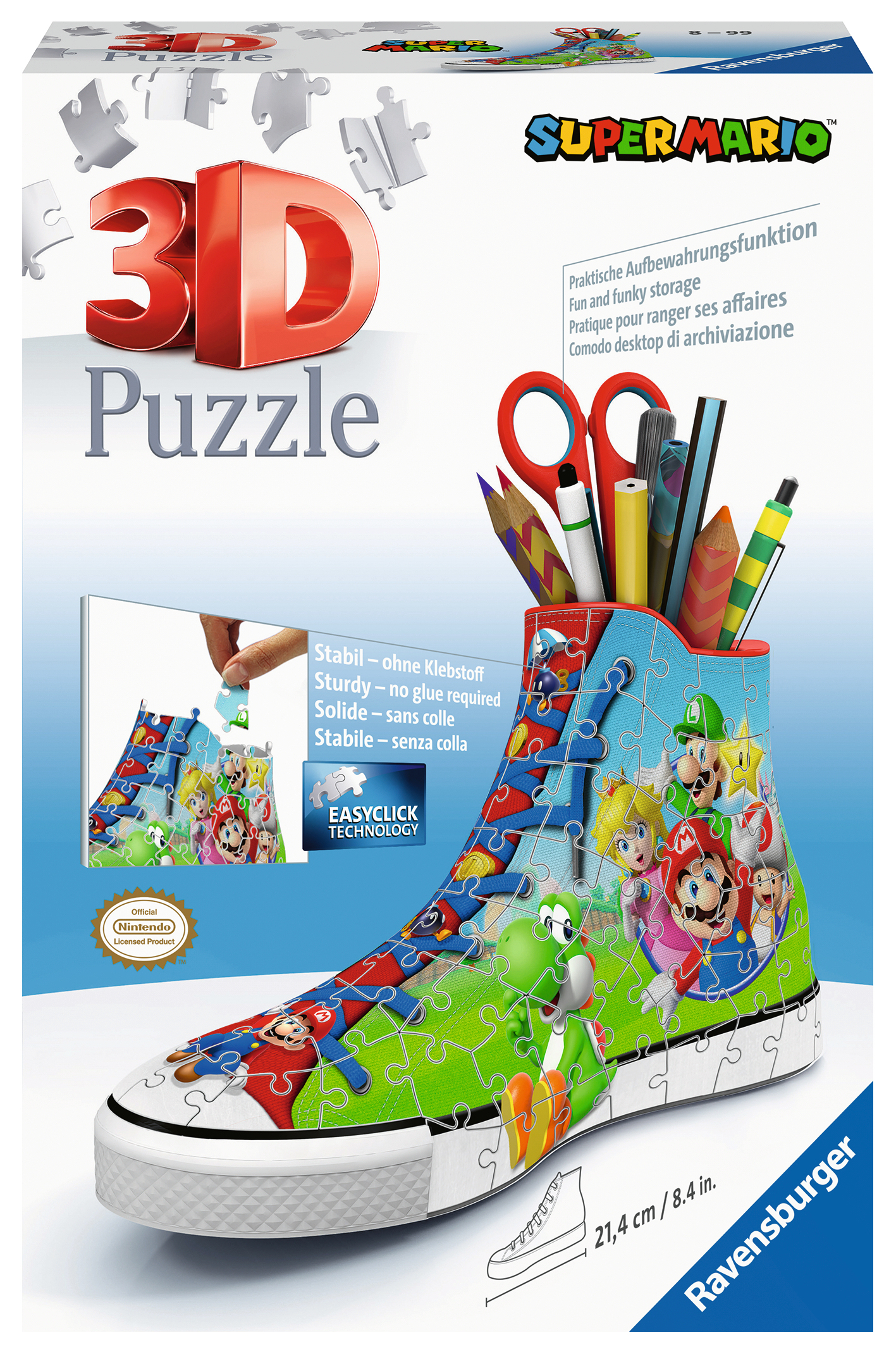 Puzzle 3D Super Mario w kształcie buta. Kolorowe postacie na białym tle.