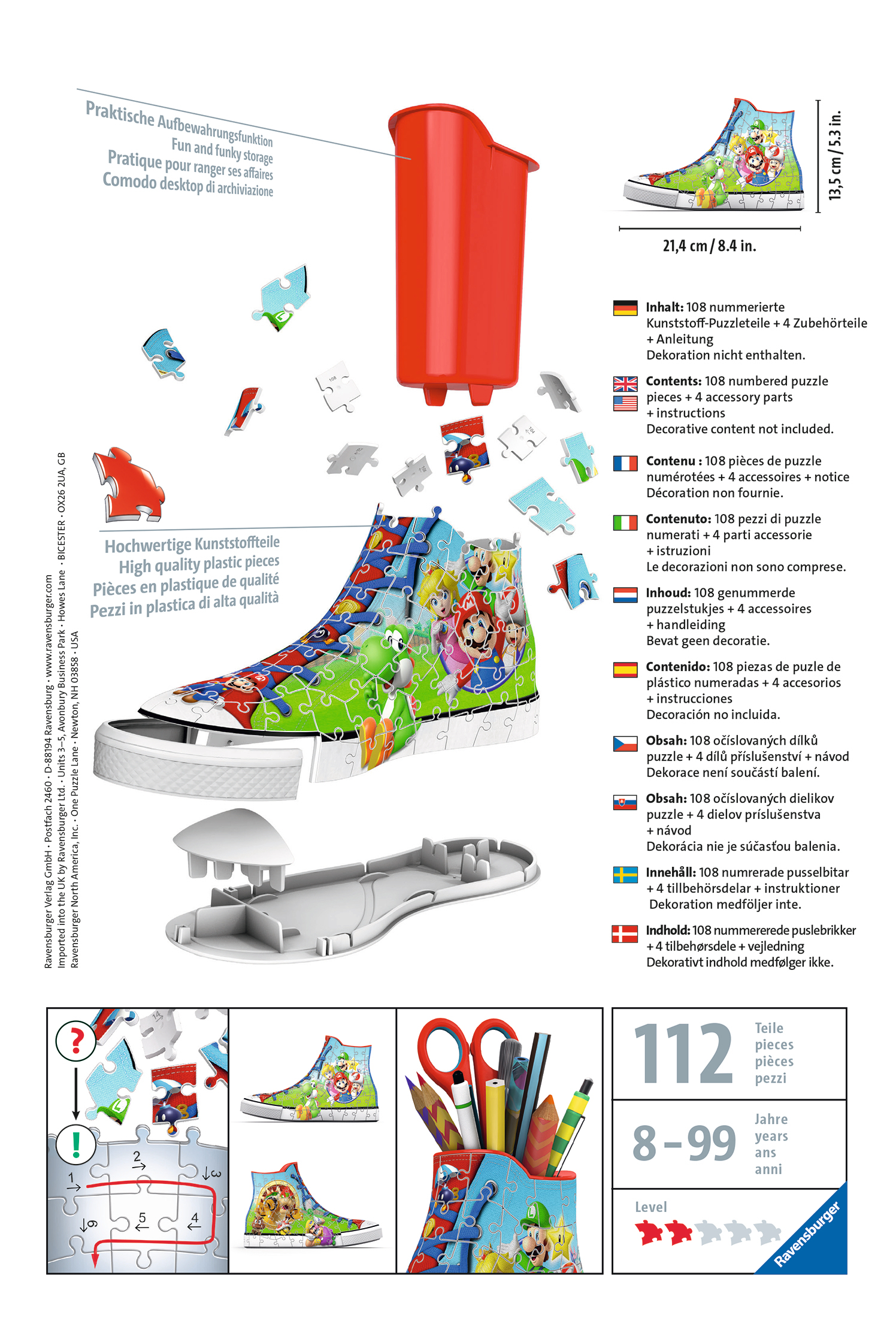 Puzzle przedstawiające but z kreskówki, części buta są rozdzielone, z pudełkiem i pojemnikiem na ołówki.