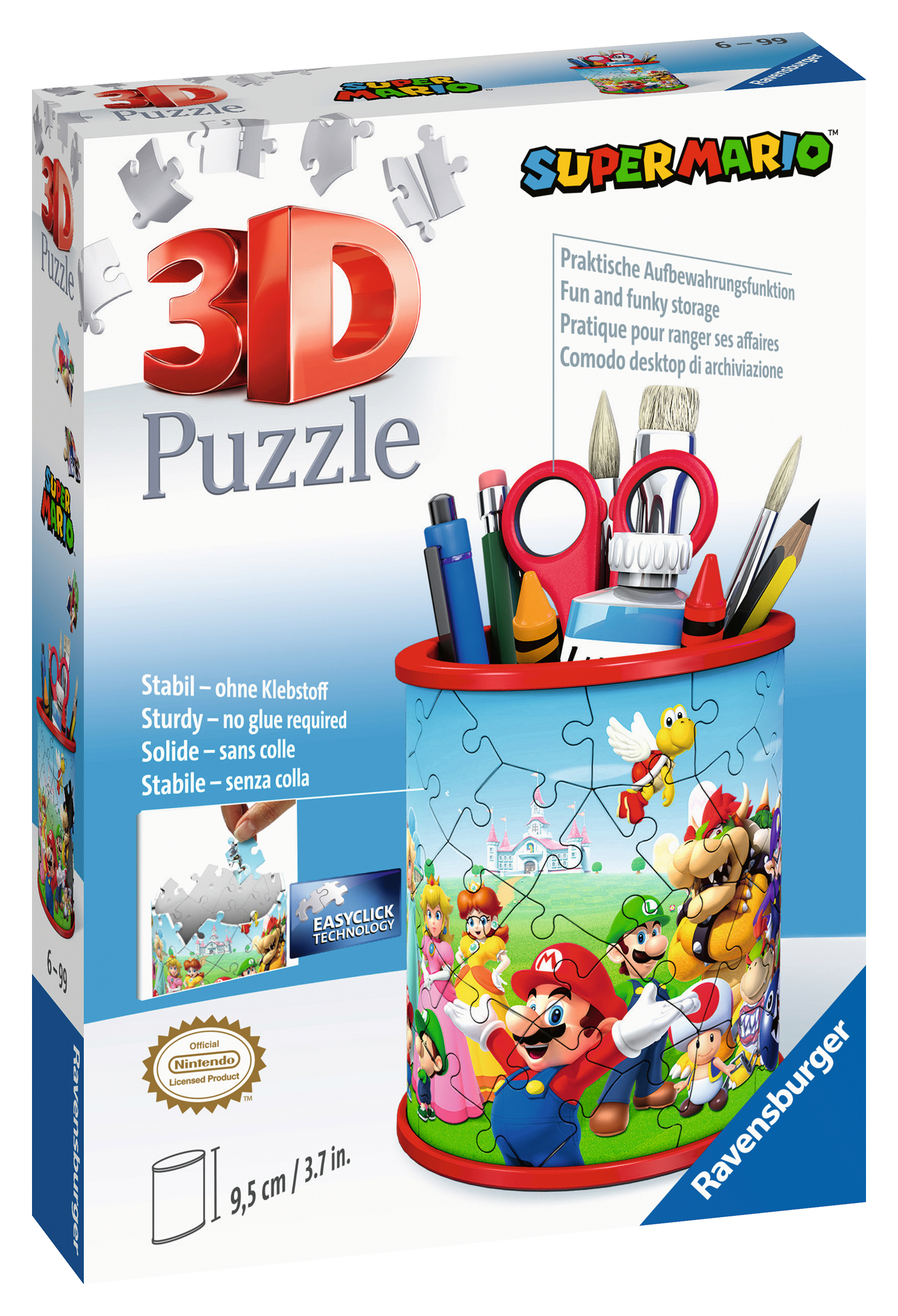 Pudełko z puzzlami 3D Super Mario z piórnikiem i różnymi materiałami artystycznymi.