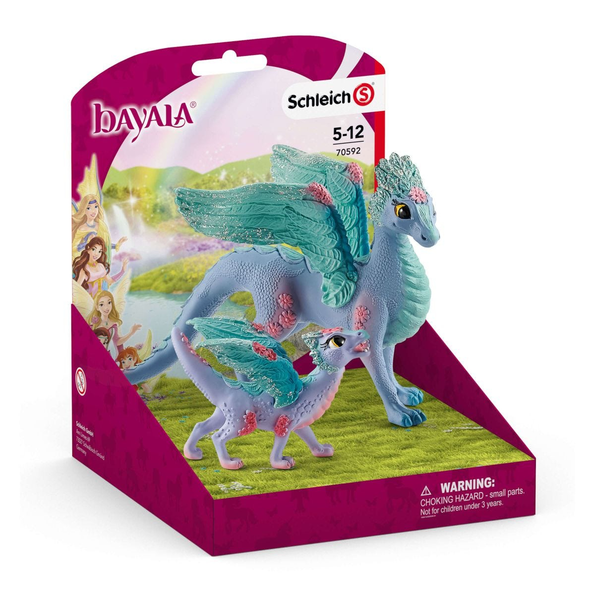 Ein Spielzeugdrache mit Flügeln, in einer Box, mit einem kleinen Drachen, vor weißem Hintergrund.