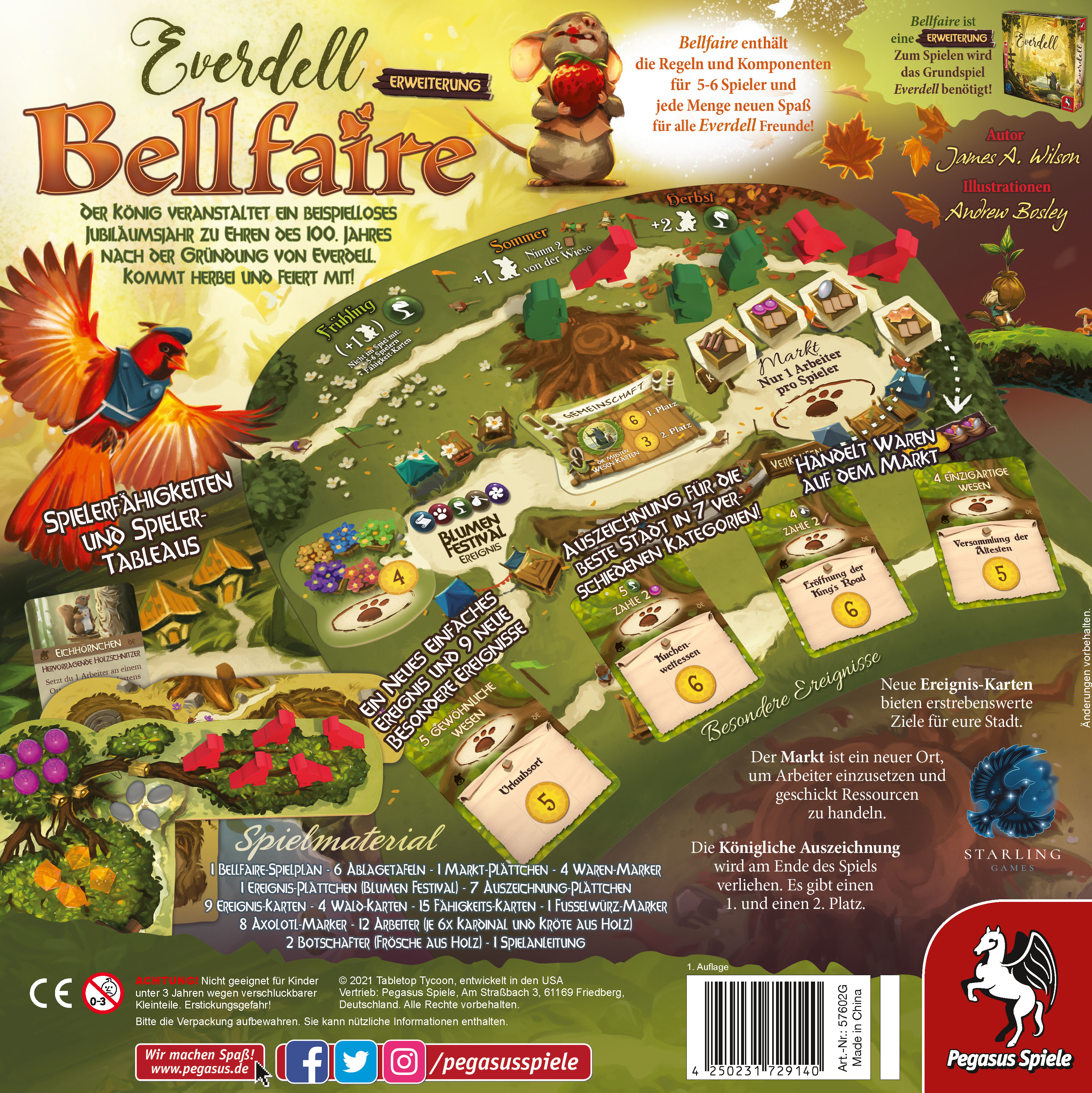 Brettspielbox mit bunten Illustrationen und deutschem Text. Ein Spielbrett ist auch sichtbar.