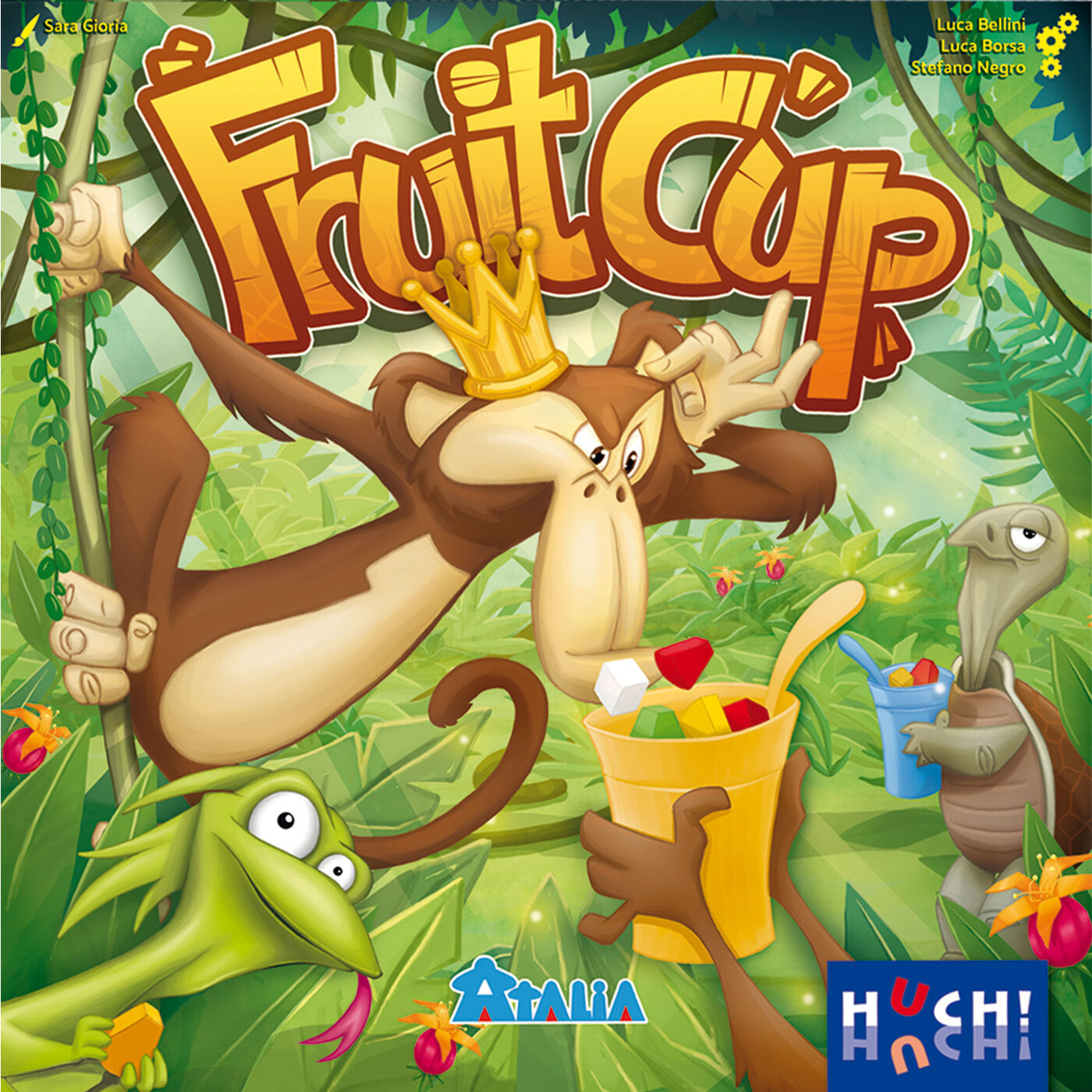 Un jeu de société avec un singe portant une couronne, tenant une coupe de fruits et d'autres personnages.