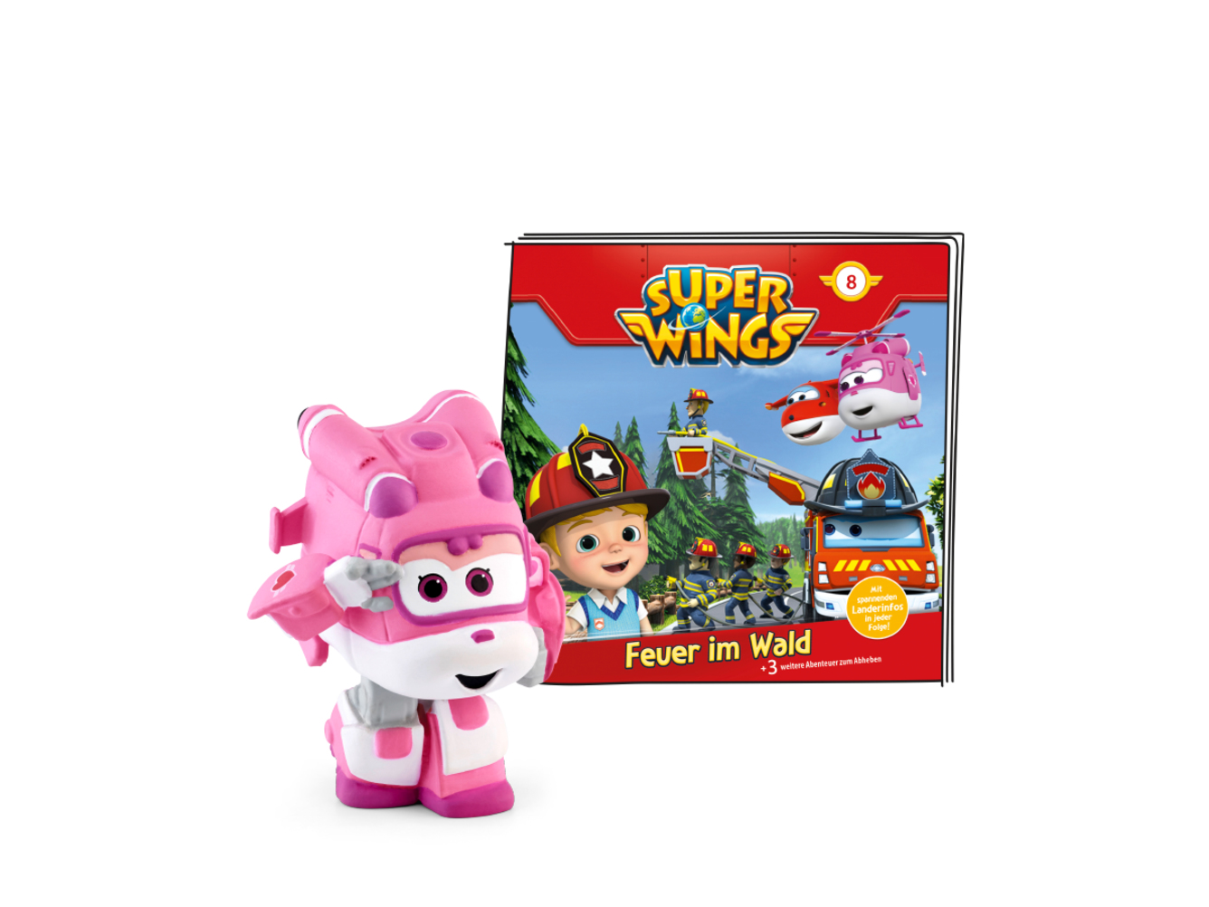 Ein rosa Super Wings Spielzeug und ein Buchcover mit einer Cartoon-Feuerszene auf weißem Hintergrund.