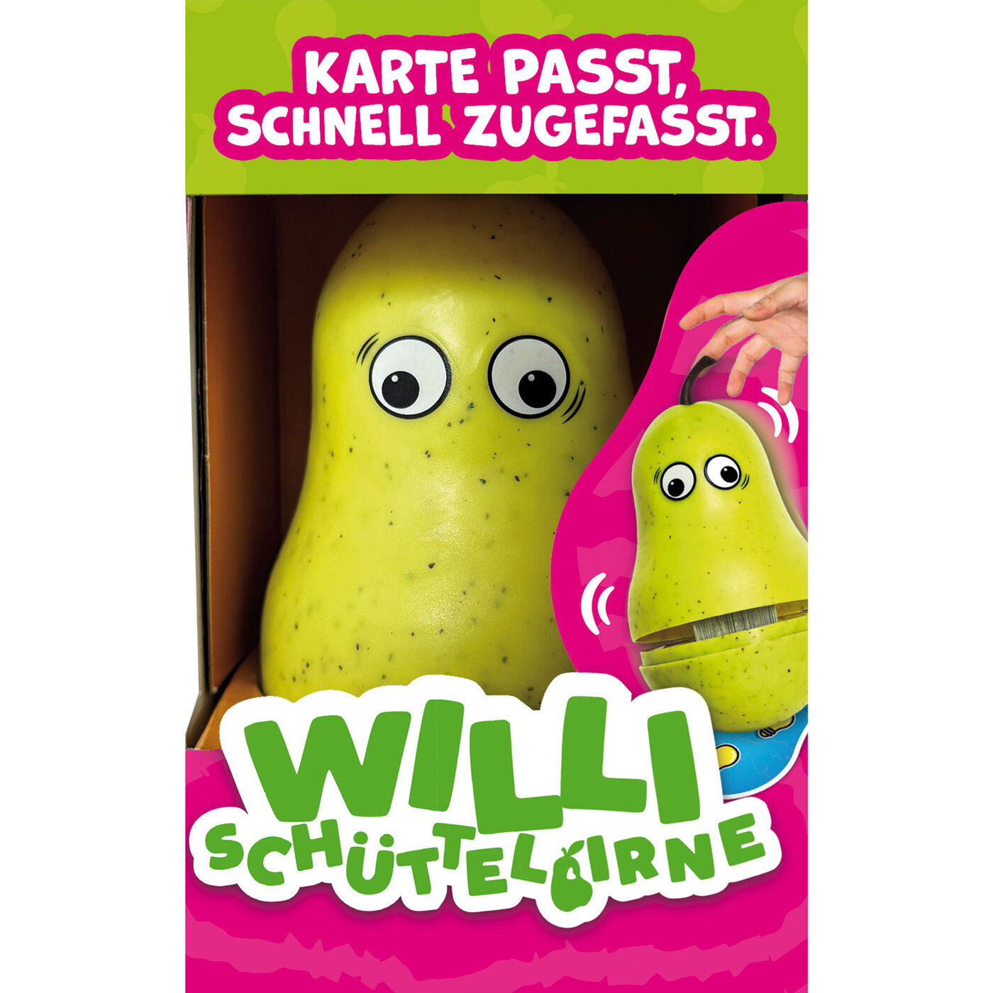 Spielzeugbirne mit Gesicht, in einer Box mit Text und einer weiteren Birnenspielzeug.