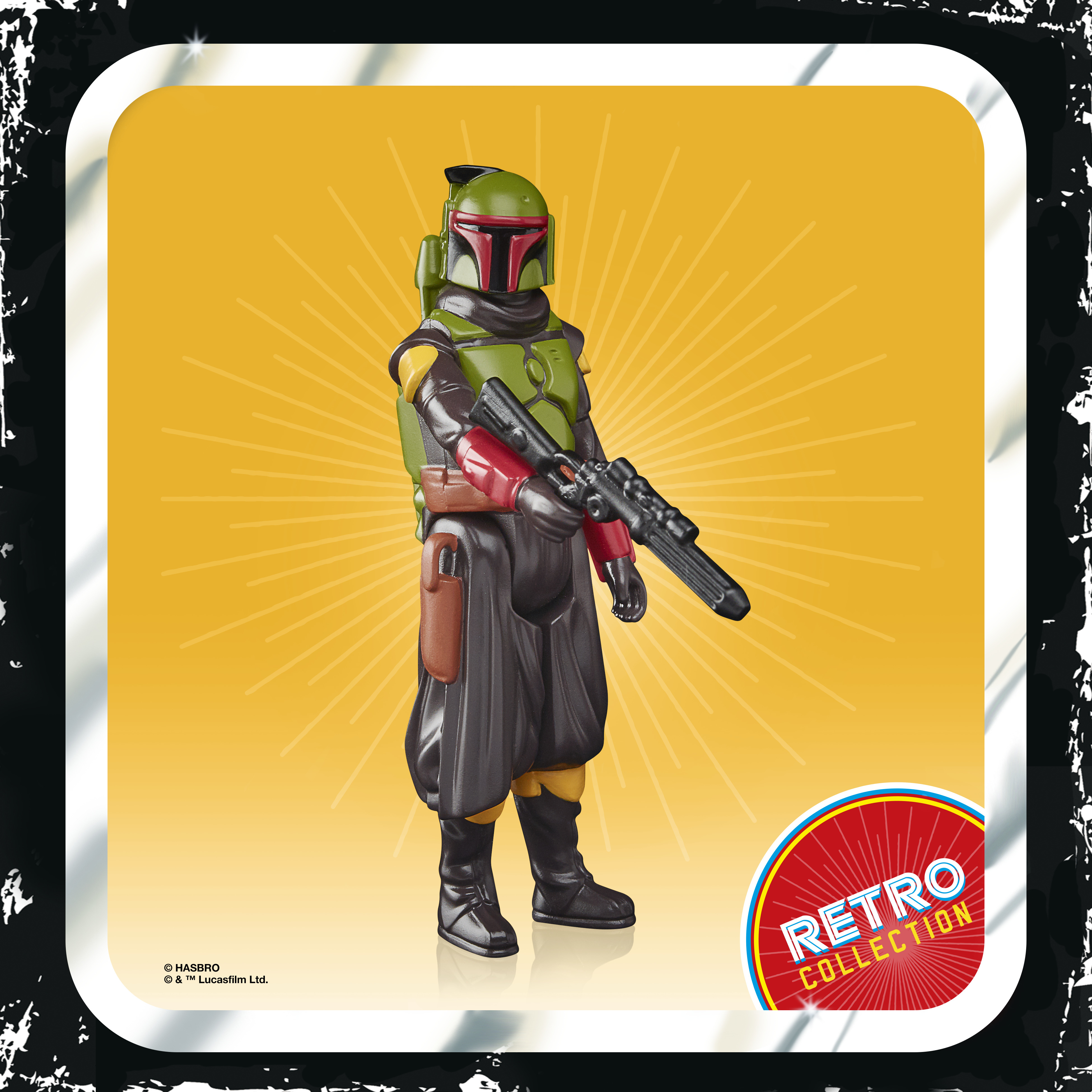 Action figure di Boba Fett in verde, nero e rosso, con un blaster nero, in una cornice retrò.